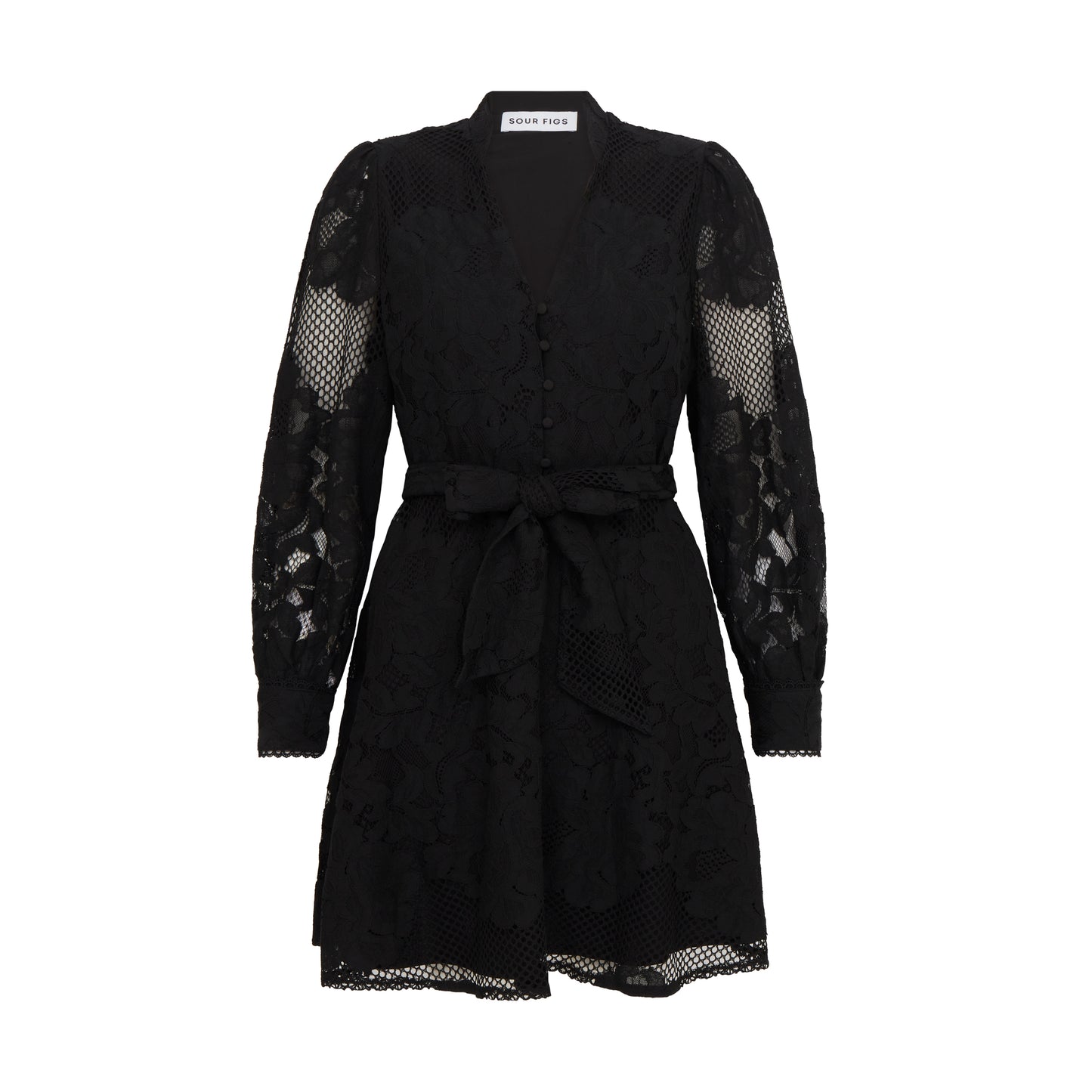 SOUR FIGS Sheer Lace Long Sleeve Mini Dress in Black