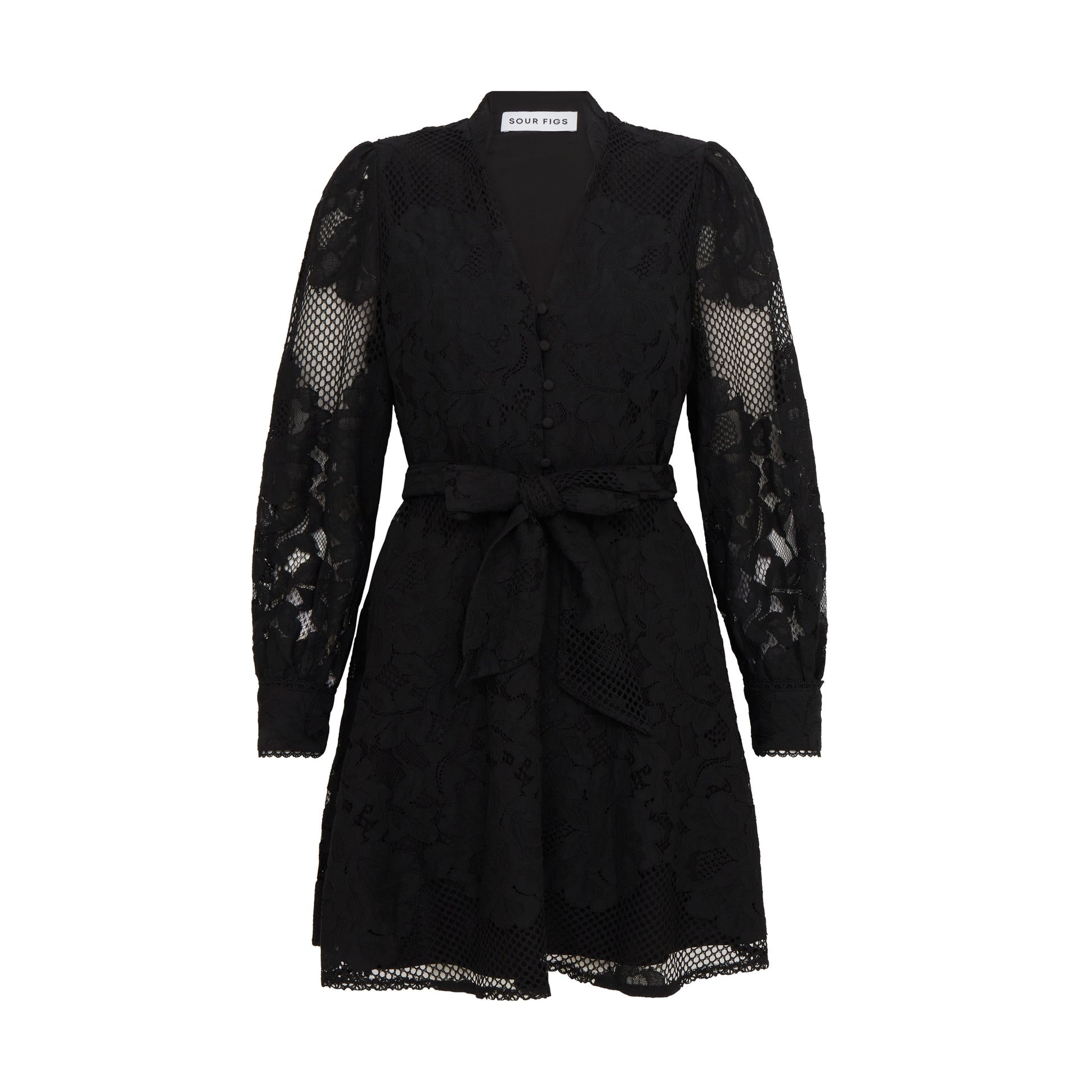 SOUR FIGS Sheer Lace Long Sleeve Mini Dress in Black
