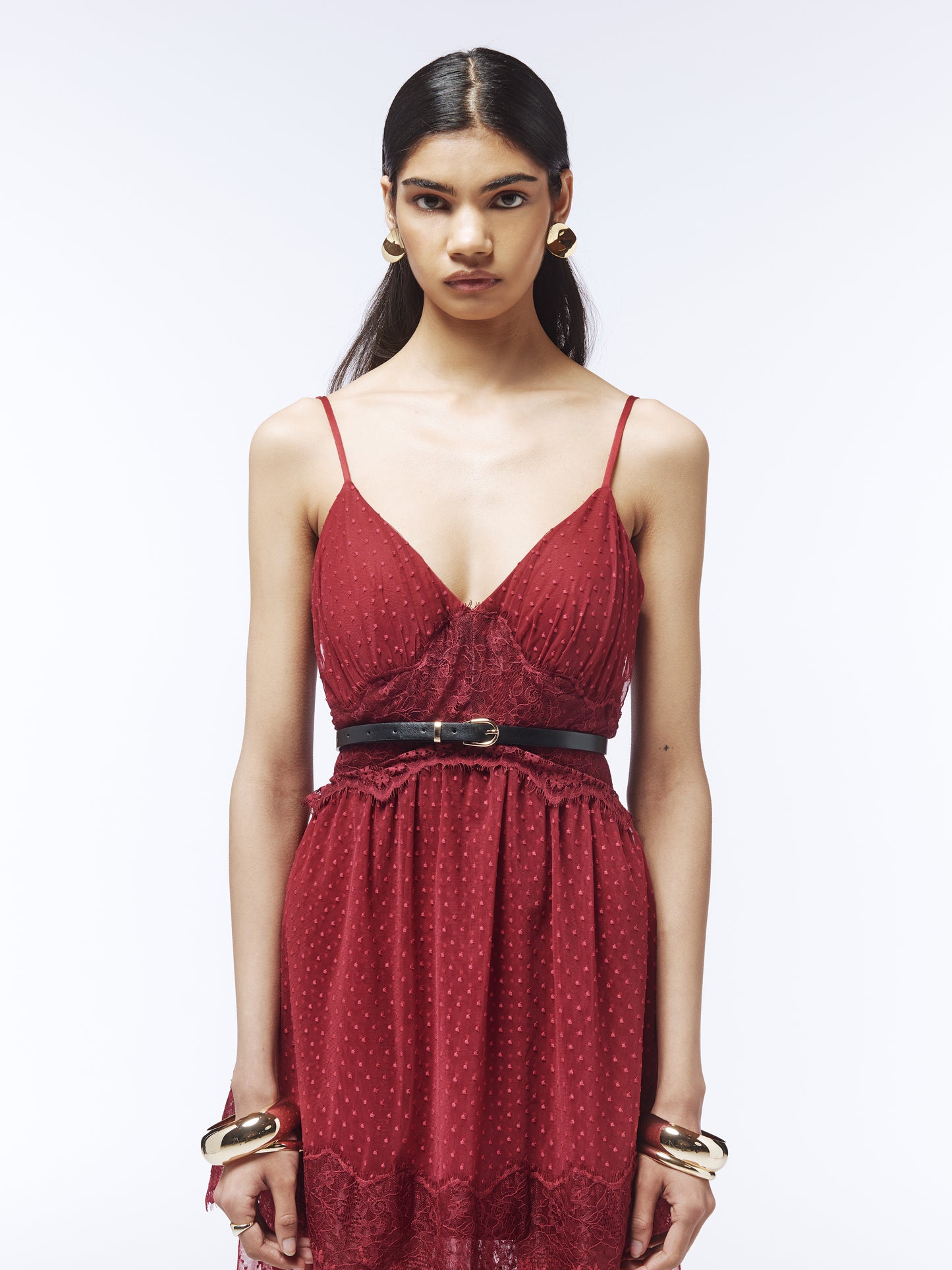 Sour Figs sheer burgundy lace maxi dress for cocktail parties and special occasions