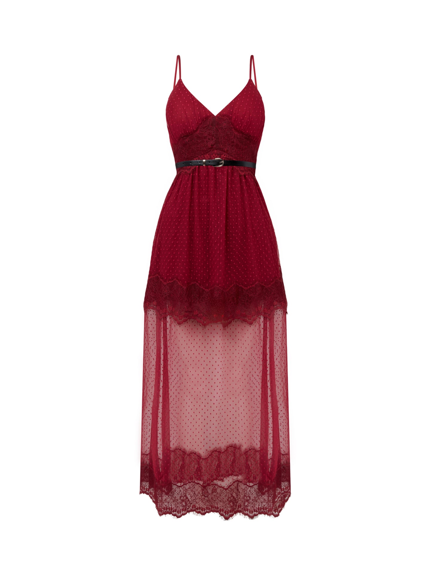 Sour Figs burgundy lace maxi dress with feminine silhouette, ideal for weddings and events