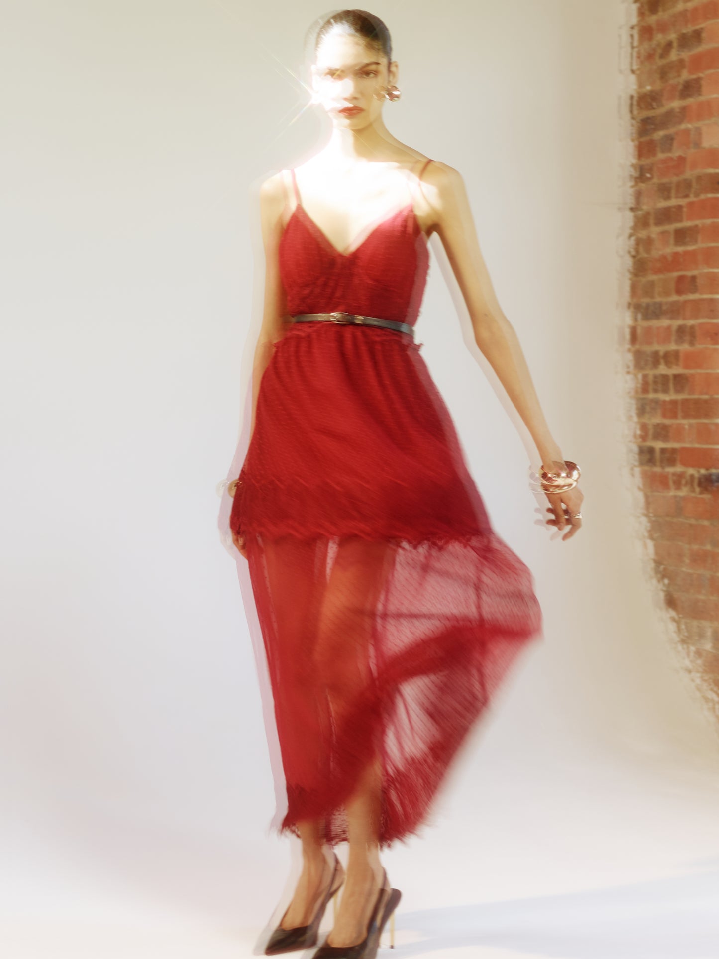 SOUR FIGS sheer burgundy lace maxi dress with dotted tulle overlay