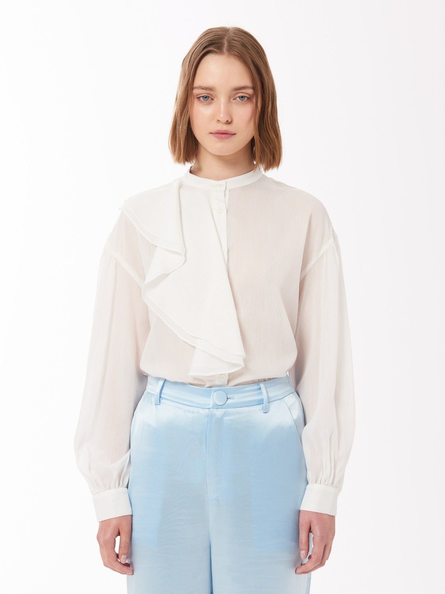 Asymmetrical Ruffle Blouse in Ivory White Asymmetric Shirt