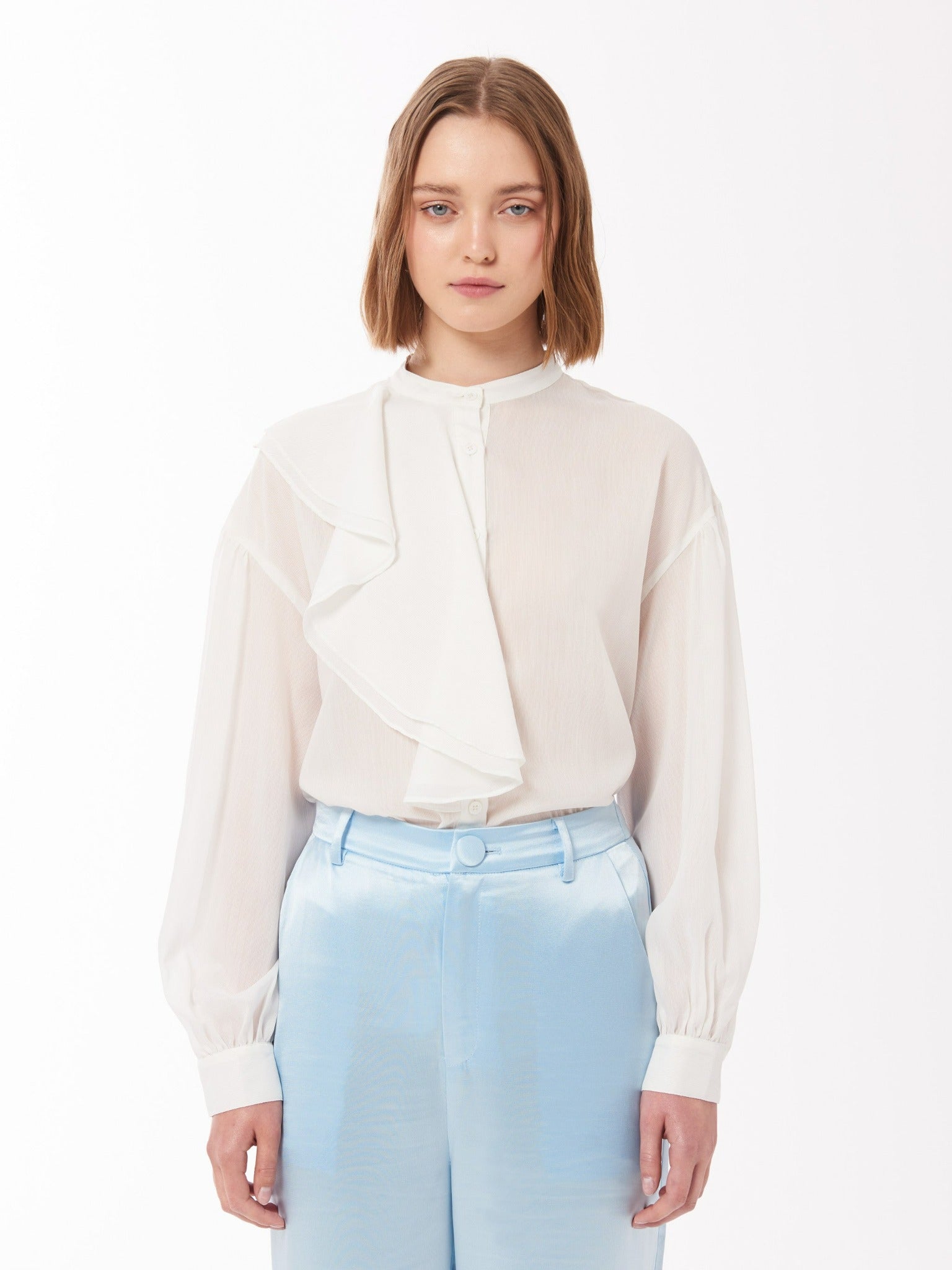 Asymmetrical Ruffle Blouse in Ivory White Asymmetric Shirt