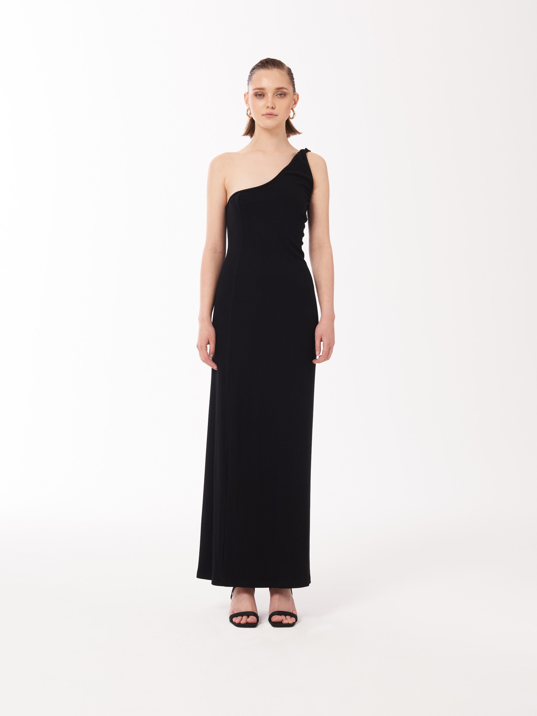 One Shoulder Twisted Strap Maxi Dress in Black SOUR FIGS One Shoulder Twisted Strap Maxi Dress in Black SOUR FIGS