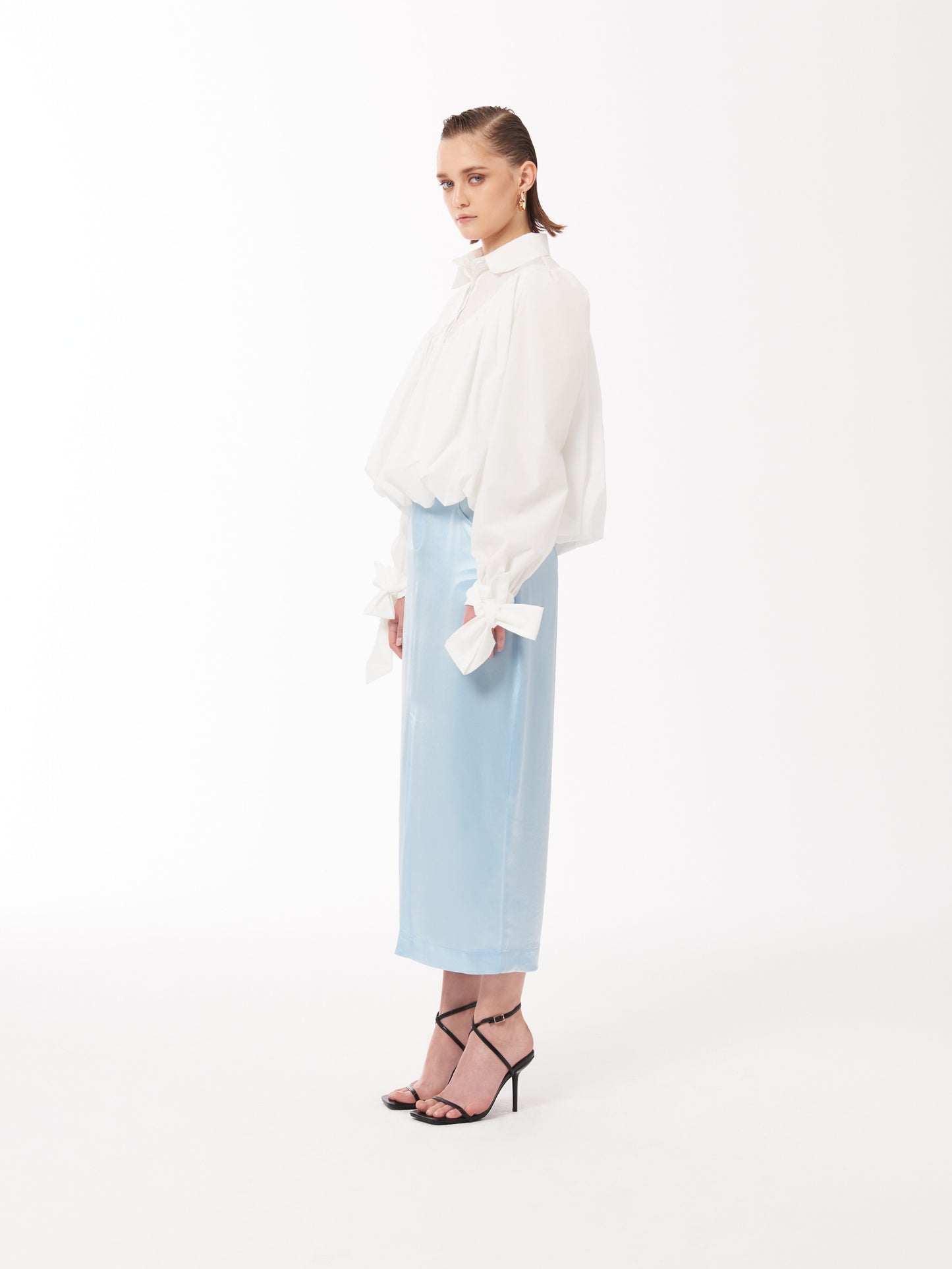 Sour Figs midi skirt pale blue skirt baby blue satin skirt