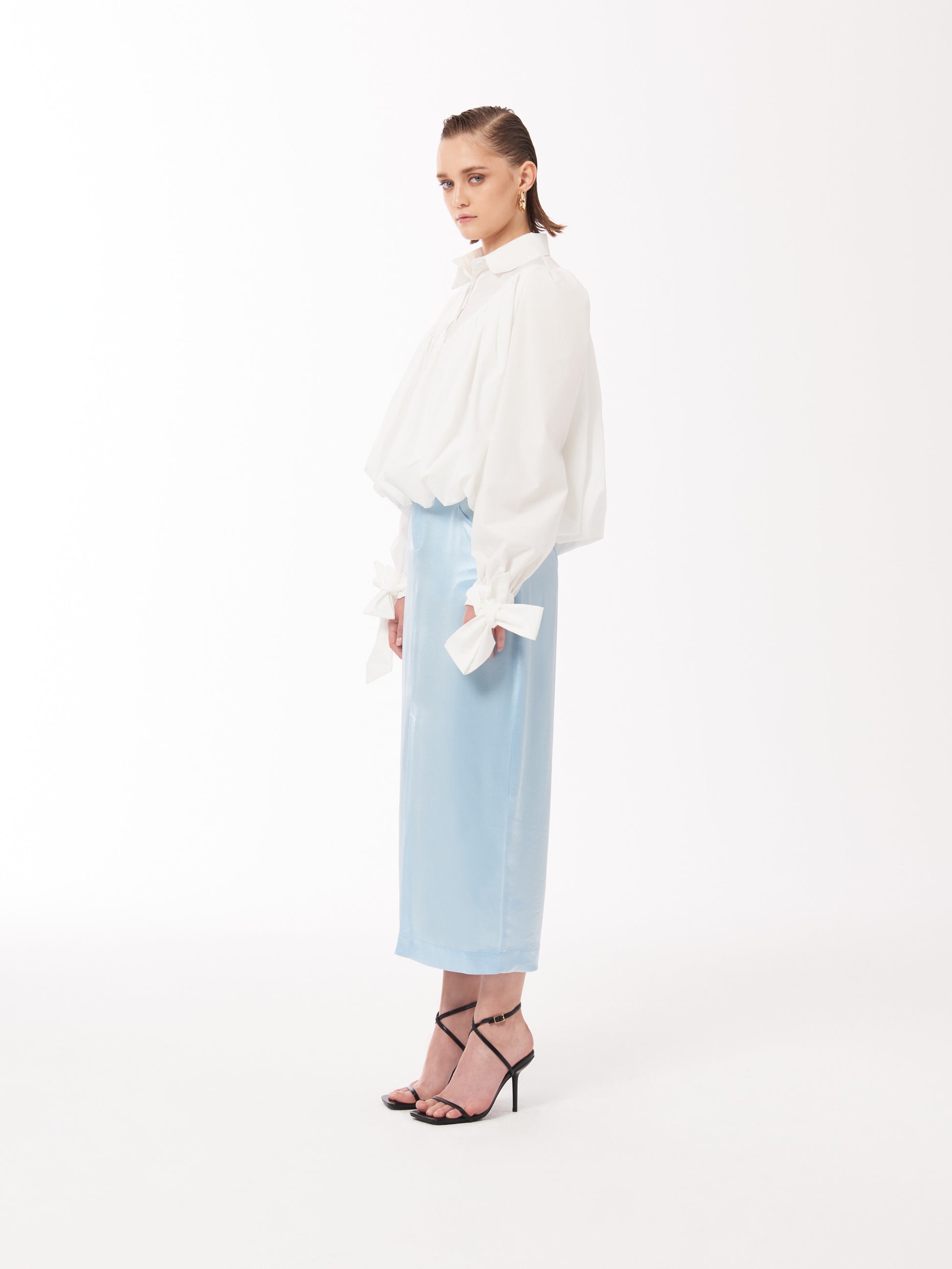 Sour Figs midi skirt pale blue skirt baby blue satin skirt