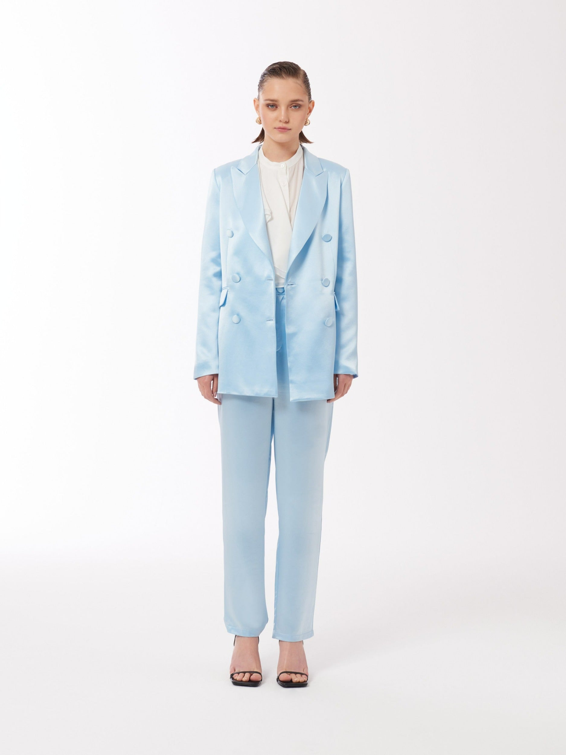 Sour Figs Satin Double-Breasted Blazer Jacket in Baby Blue