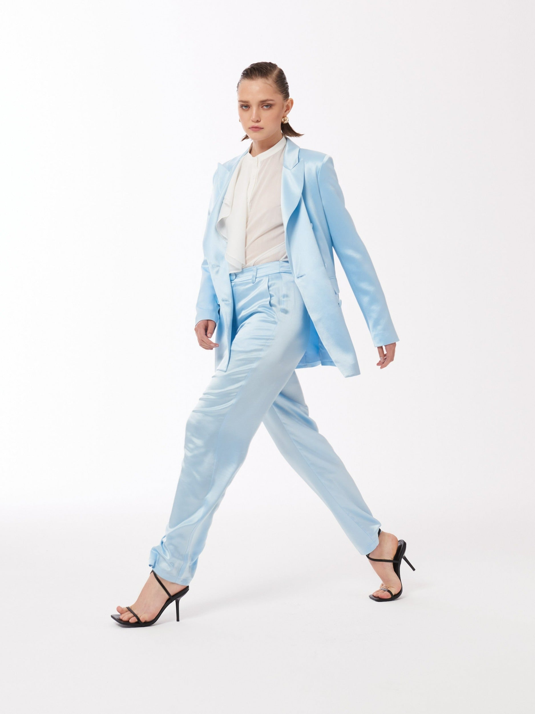 Satin Double-Breasted Blazer Jacket in Baby Blue