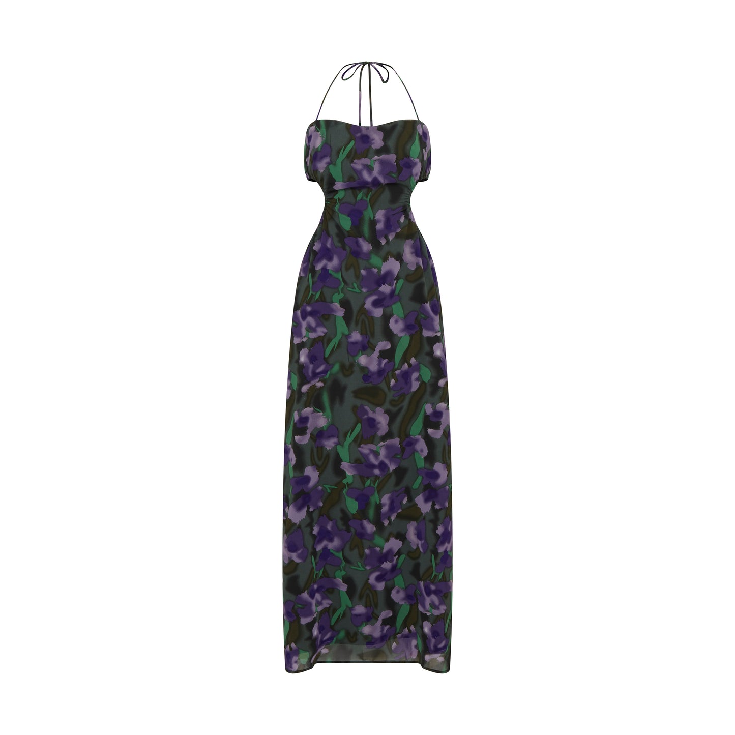 SOUR FIGS Violette Tie Halter Floral Dress in Purple Comet and Dark Green