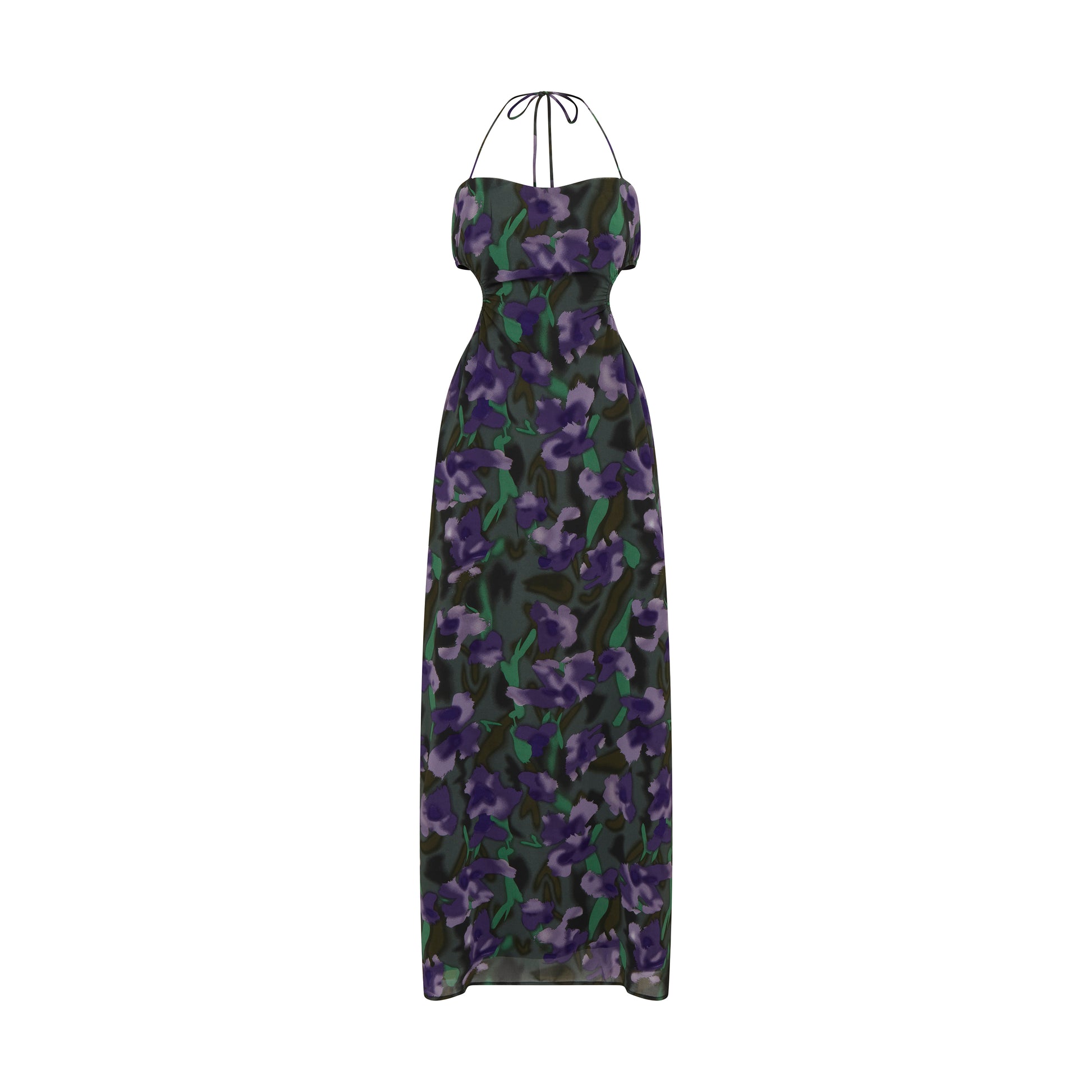 SOUR FIGS Violette Tie Halter Floral Dress in Purple Comet and Dark Green
