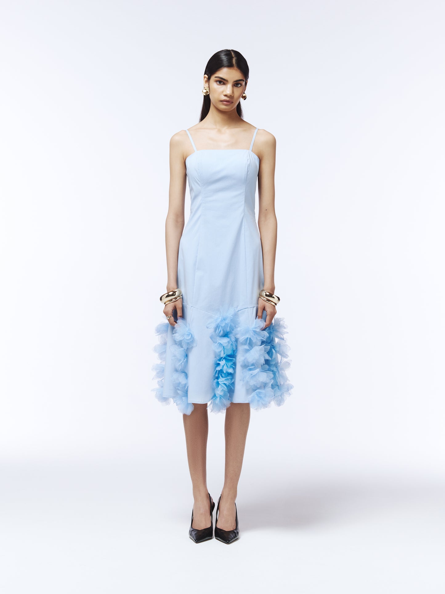 SOUR FIGS light blue midi dress with 3D floral appliqués and watercolour-edge detailing.
