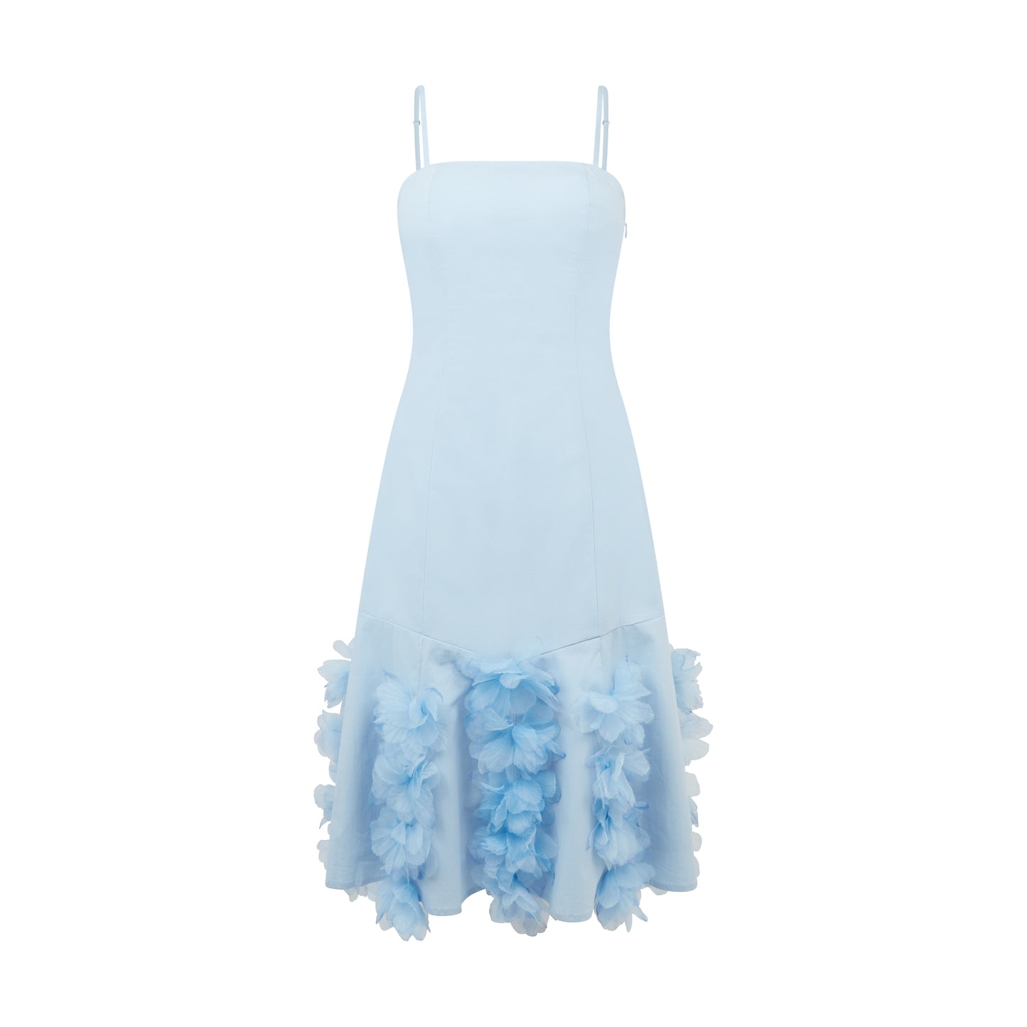SOUR FIGS blue midi dress with artistic 3D floral embellishments and delicate watercolour-effect trimming.