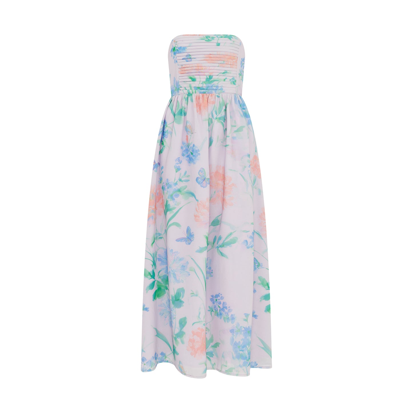 Strapless occasion dress with botanical print and full-length silhouette in Petal Mist Lilac.