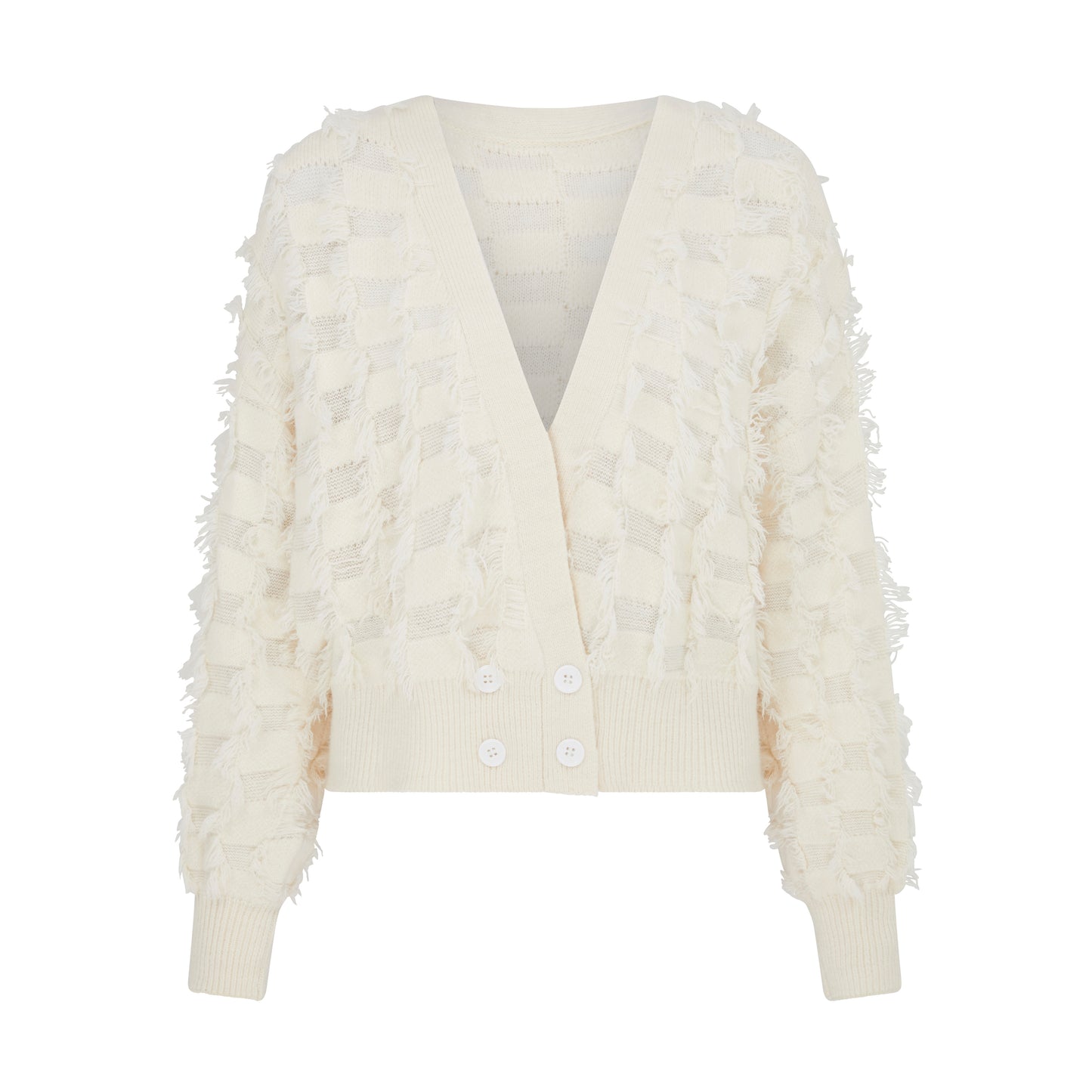 SOUR FIGS Fringed Checkerboard Cardigan in White