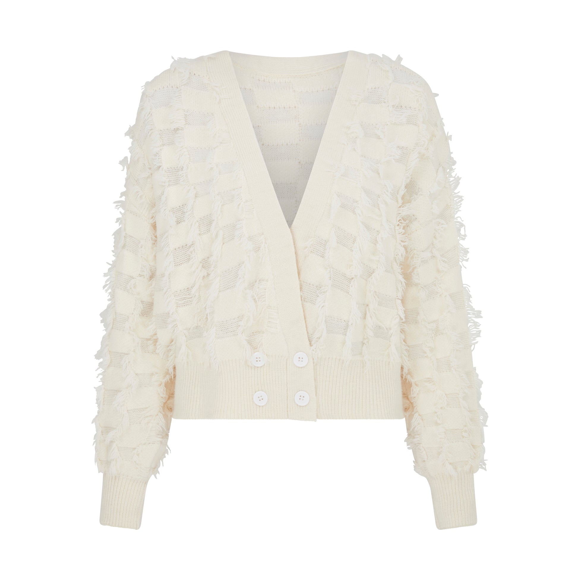 SOUR FIGS Fringed Checkerboard Cardigan in White