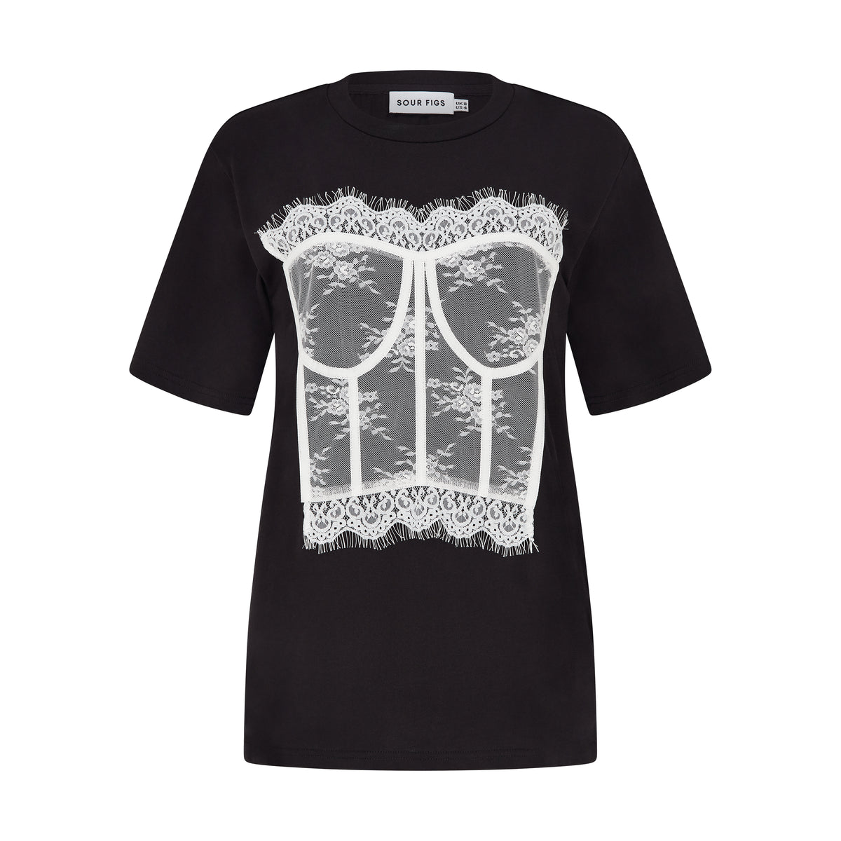SOUR FIGS White Lace Corset Illusion T-Shirt in Black with sheer white lace bustier appliqué