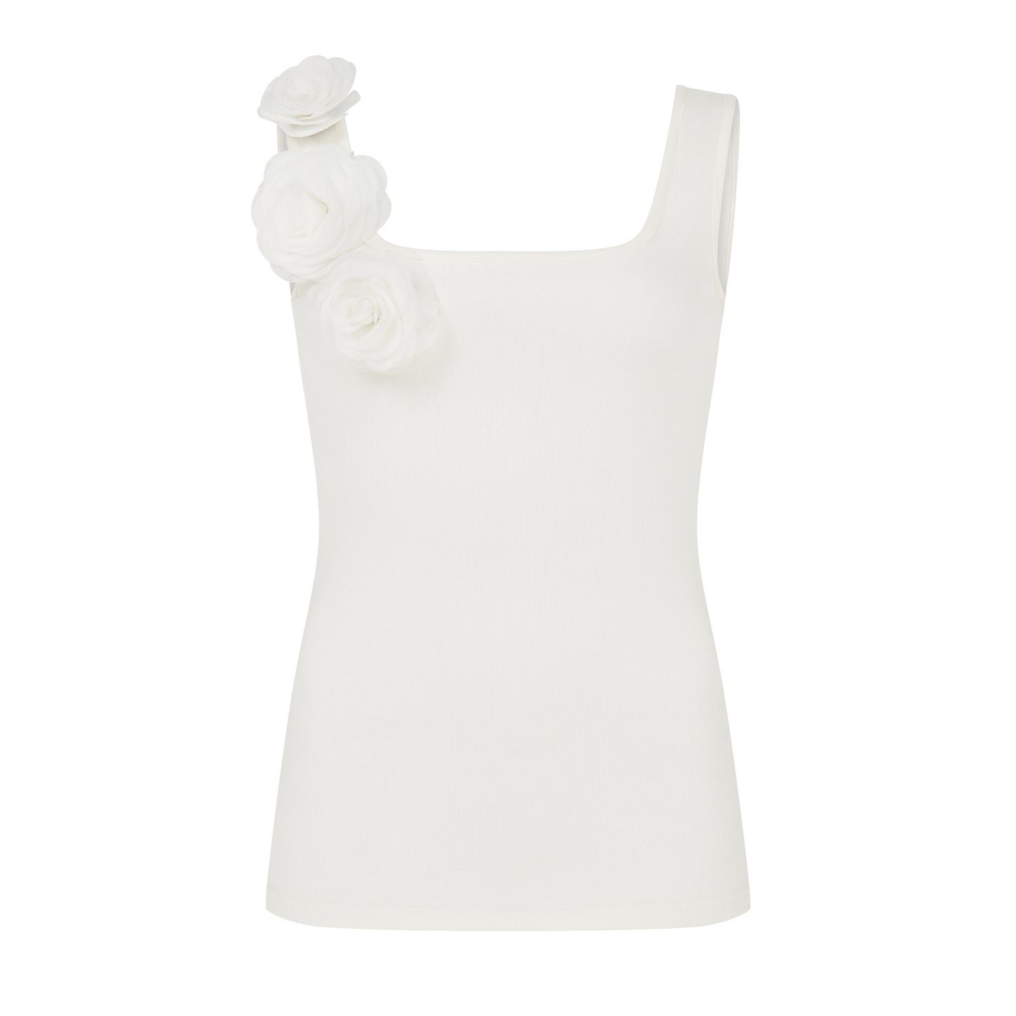 SOUR FIGS romantic ribbed tank top with wide straps and white rose embellishment.