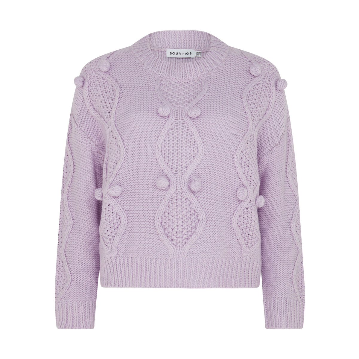 SOUR FIGS women's cable and bobble-knit jumper in soft lilac, front product view with ribbed crew neck.