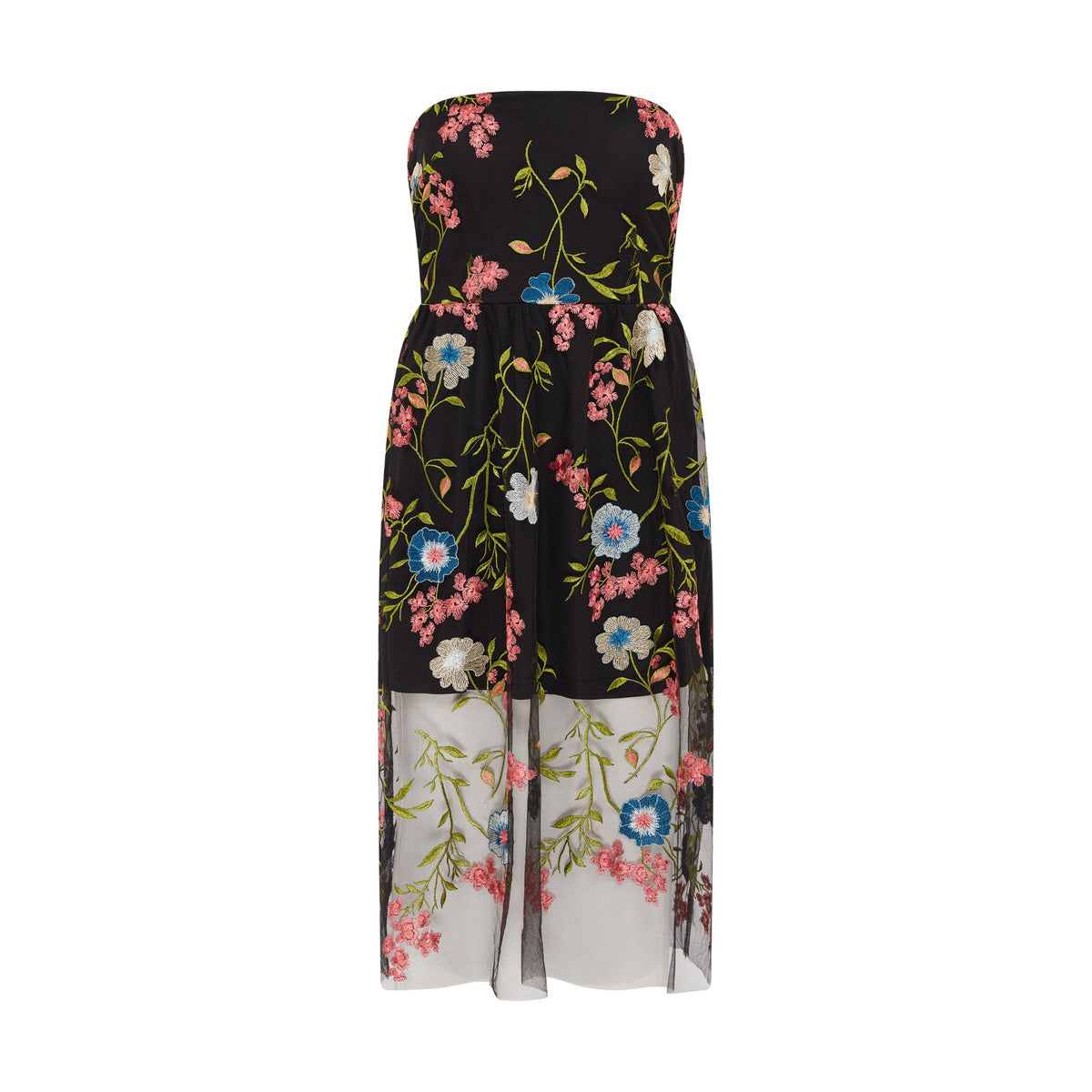 SOUR FIGS floral-embroidered strapless midi dress in black, front product view with a gathered skirt and short lining.