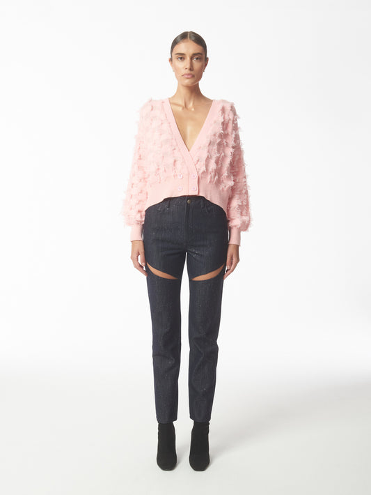 SOUR FIGS Pink Fringed Checkerboard Cardigan
