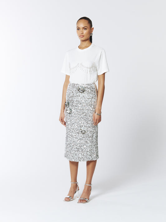 Floral Embellished Sequin Skirt in Silver