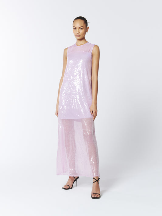 SOUR FIGS Sequined Sheer Gown in Wisteria Purple – A dazzling maxi dress crafted from sequined tulle with a sheer effect, sleeveless design, and back button closure for an ethereal, show-stopping look.