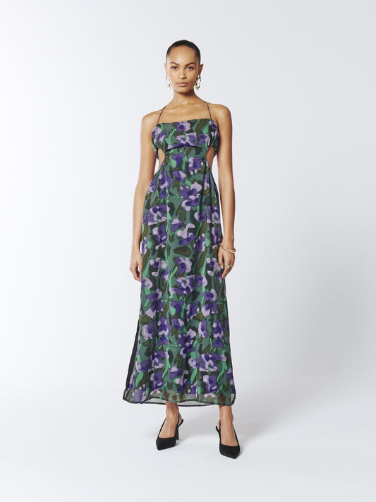 SOUR FIGS Violette Tie Halter Floral Dress in Purple Comet and Dark Green