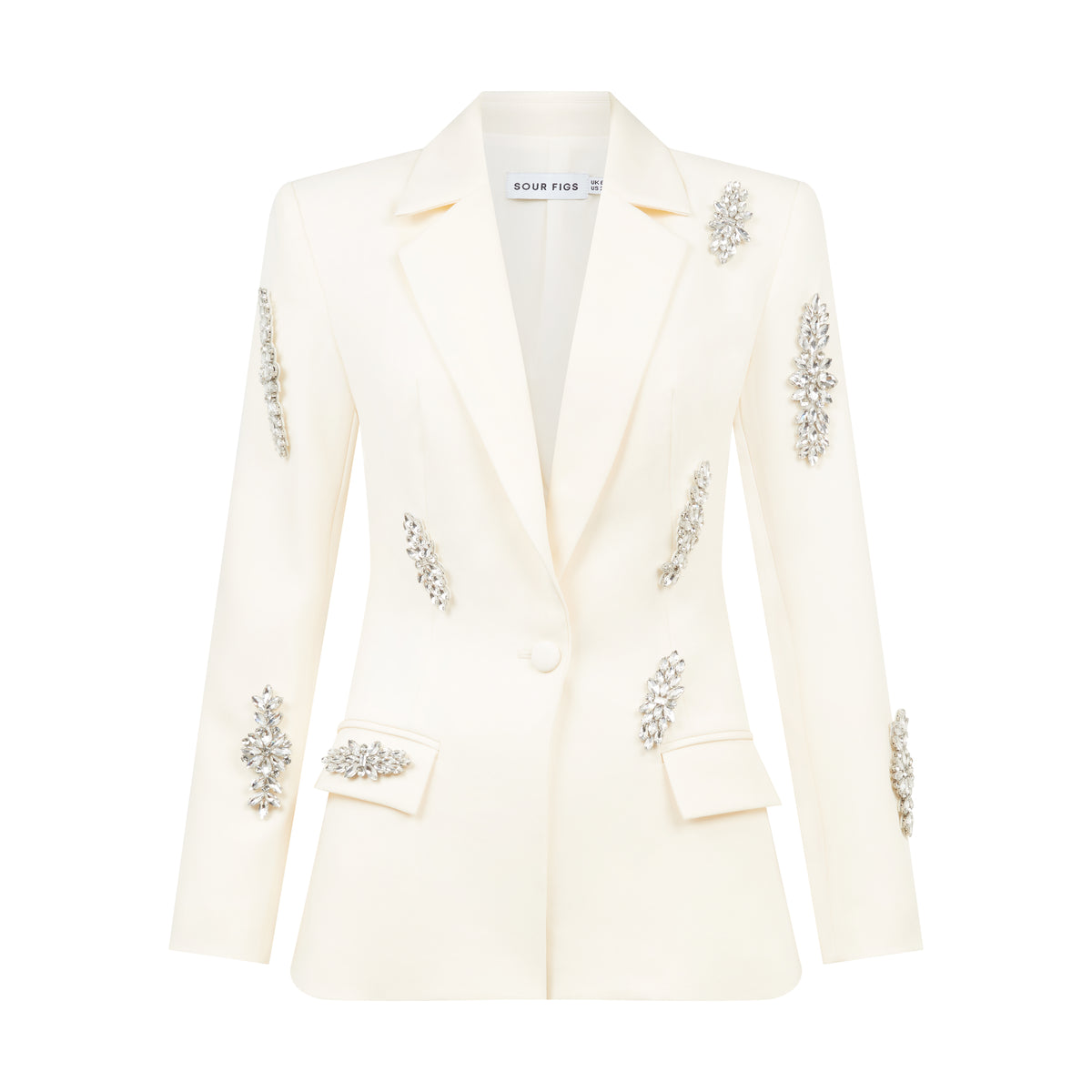 Front product view of SOUR FIGS crystal-embellished single-breasted blazer in soft ivory, with a covered button and flap pockets.