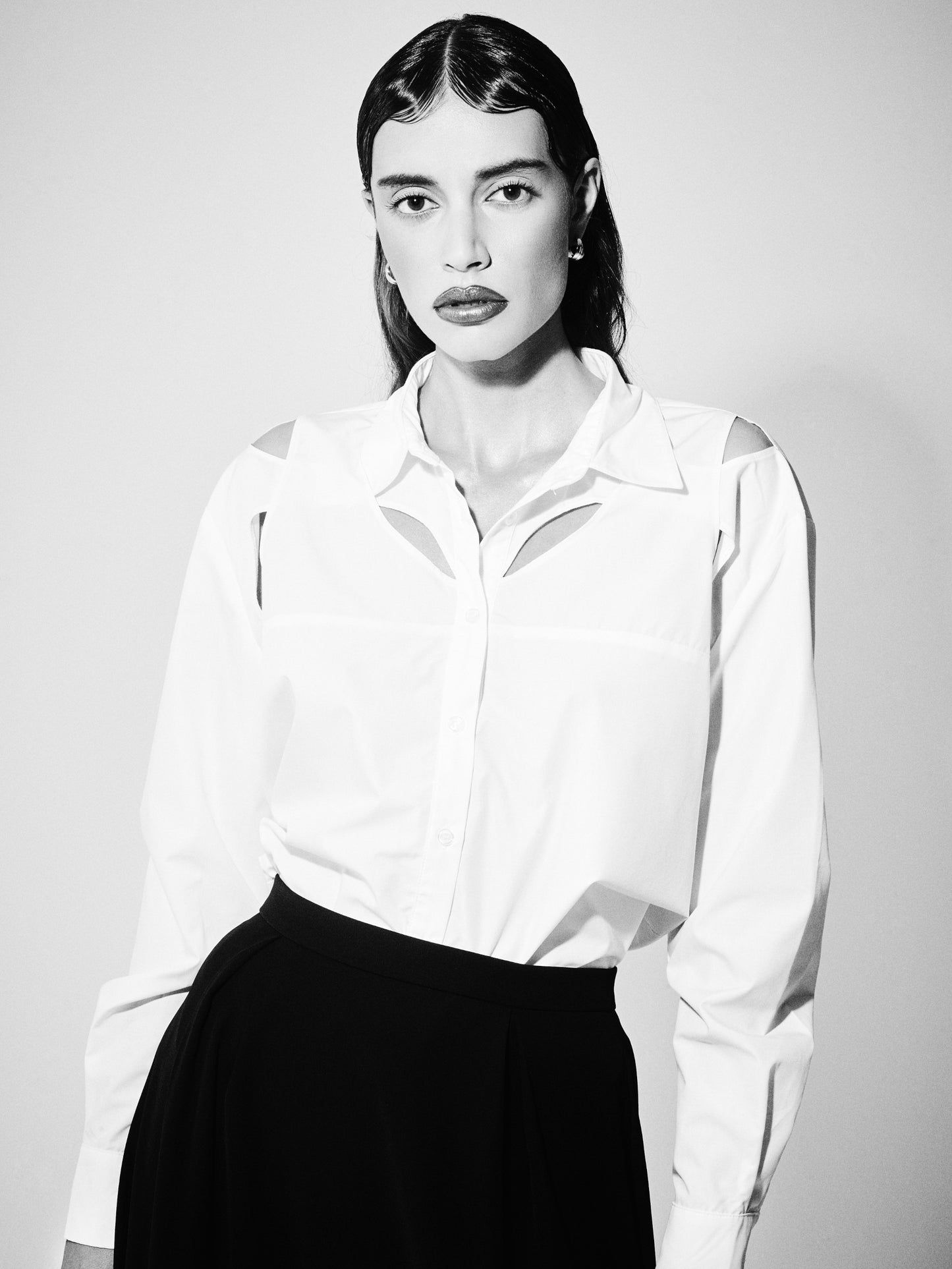 Cut-Out Long-Sleeve Shirt in White