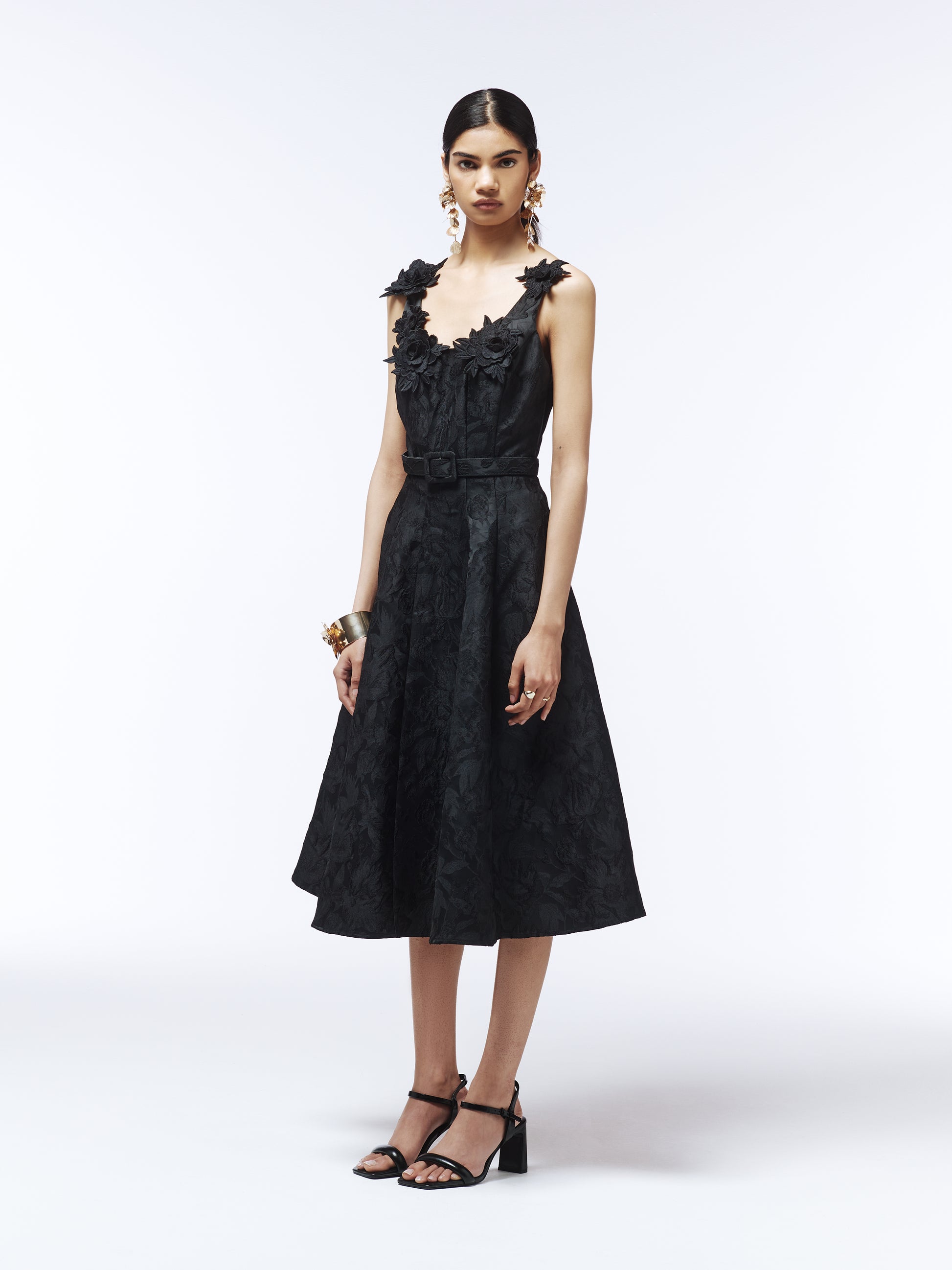 SOUR FIGS black midi dress featuring 3D flower appliqué straps and flared skirt – cocktail outfit