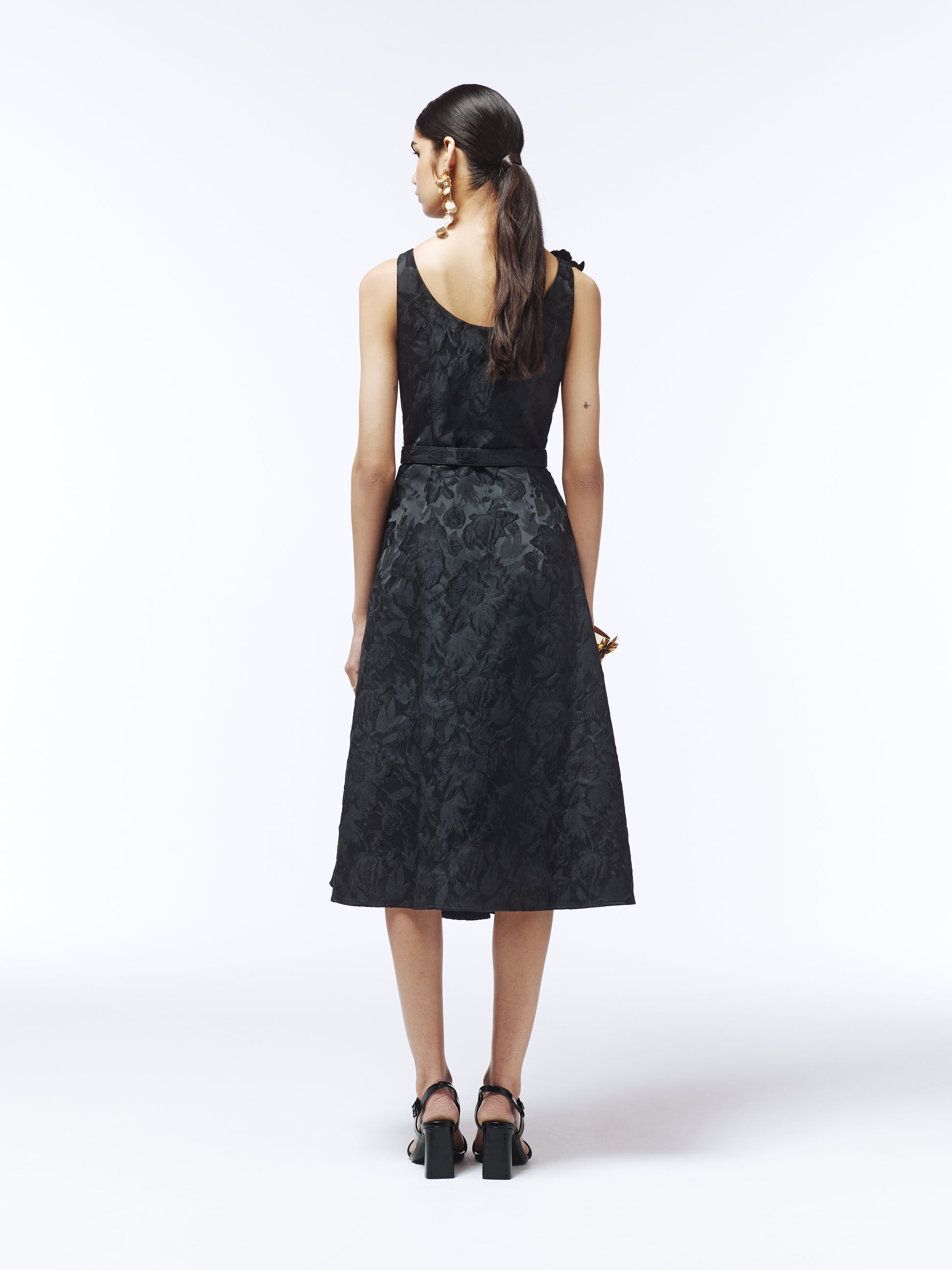 SOUR FIGS sleeveless jacquard midi dress in black with A-line silhouette – luxury party dress