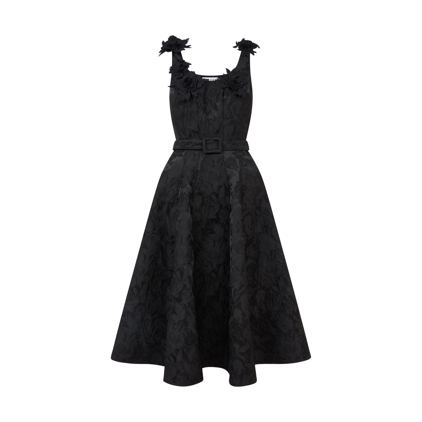 SOUR FIGS belted black jacquard midi dress with floral appliqué neckline – formal occasionwear