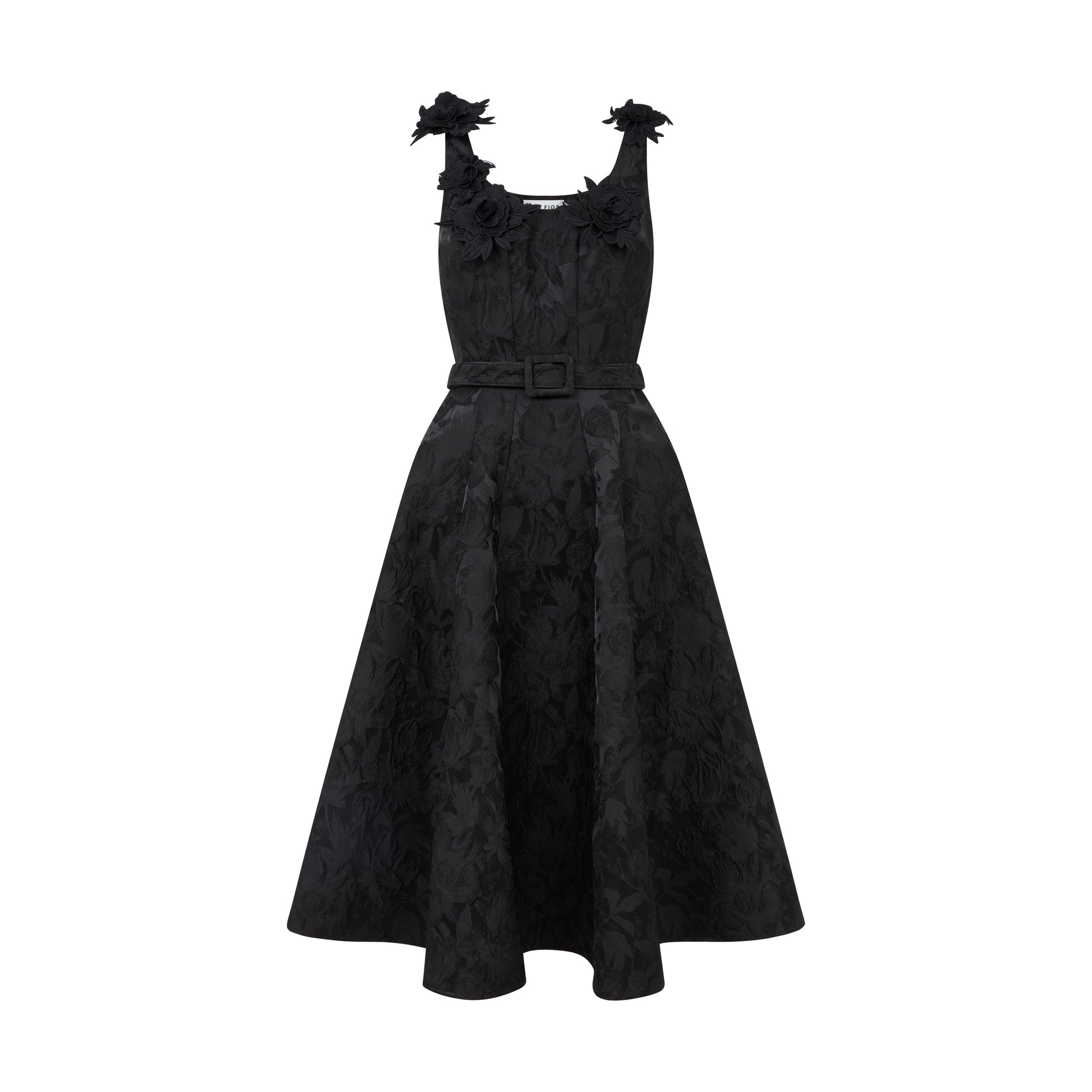 SOUR FIGS belted black jacquard midi dress with floral appliqué neckline – formal occasionwear