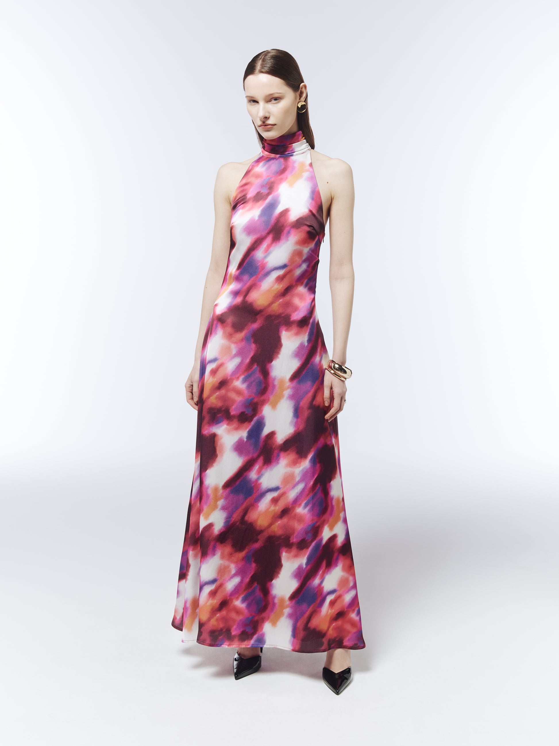 SOUR FIGS abstract watercolour halterneck maxi dress in ember violet with red, pink and purple print