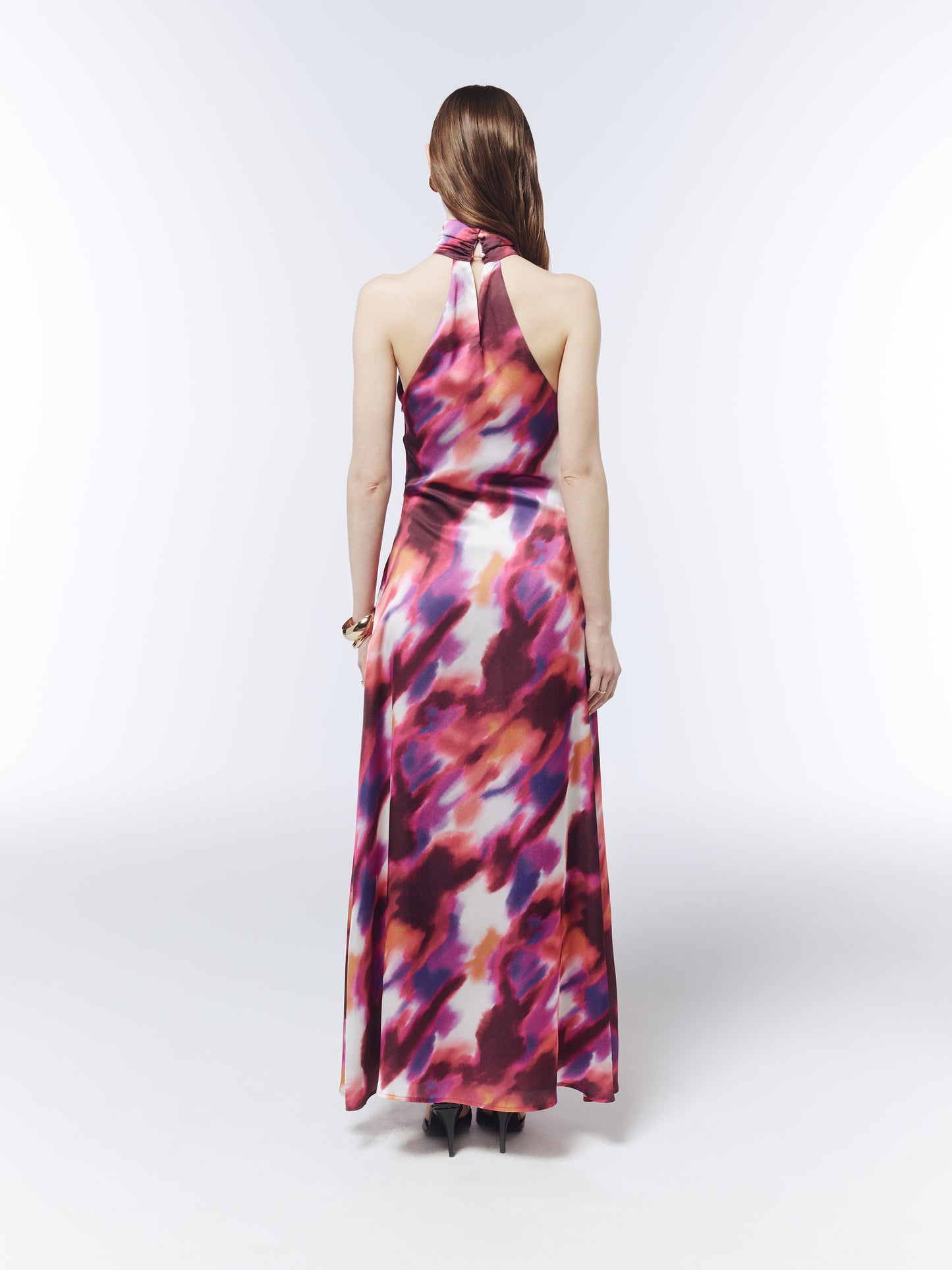 SOUR FIGS printed occasion maxi dress with open shoulders and fluid flared skirt