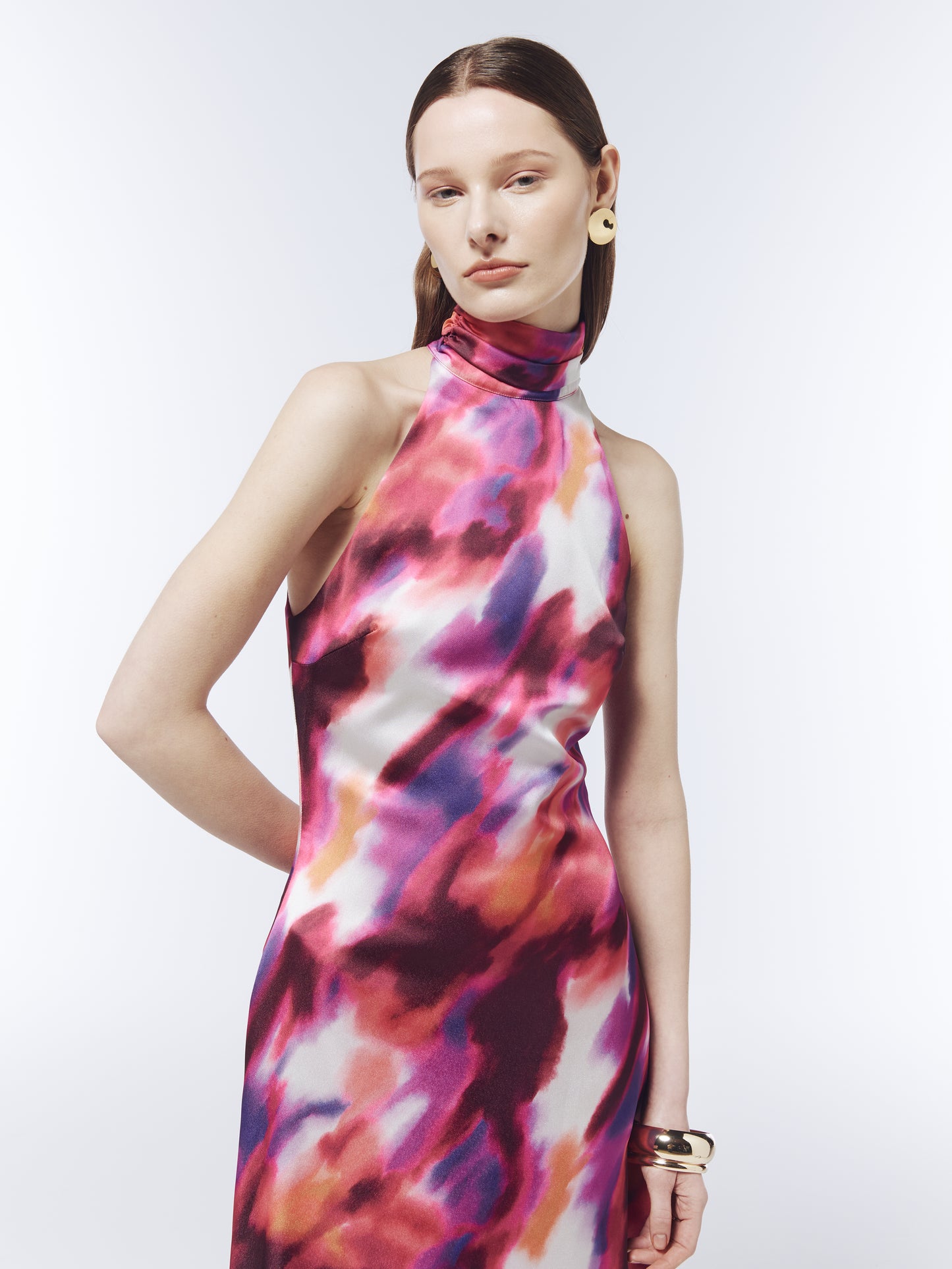 SOUR FIGS high neck halter maxi dress in ember violet with vivid painterly watercolour pattern