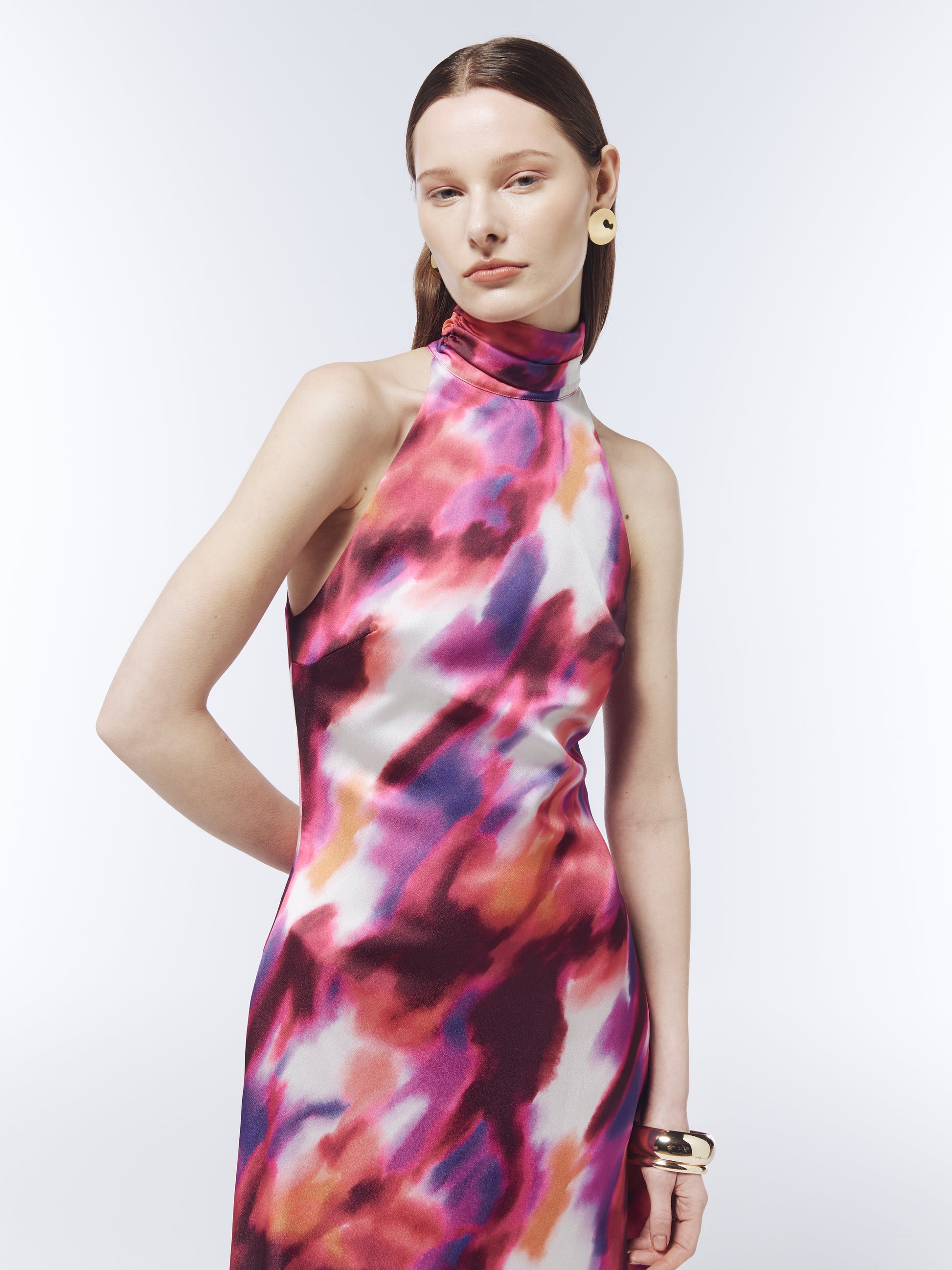 SOUR FIGS high neck halter maxi dress in ember violet with vivid painterly watercolour pattern