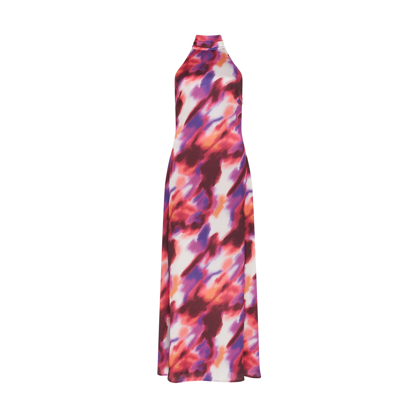 SOUR FIGS sleeveless halterneck dress in ember violet with burgundy, orange and ivory abstract print