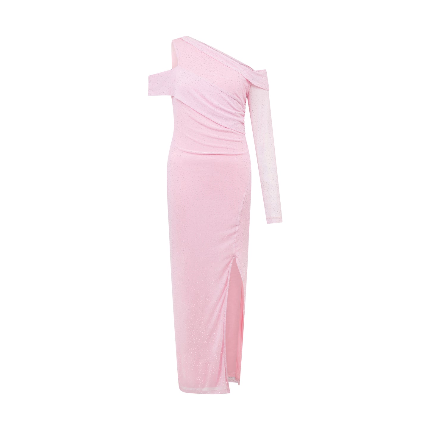 SOUR FIGS blush pink asymmetric evening gown with all-over rhinestone embellishment and thigh-high slit.