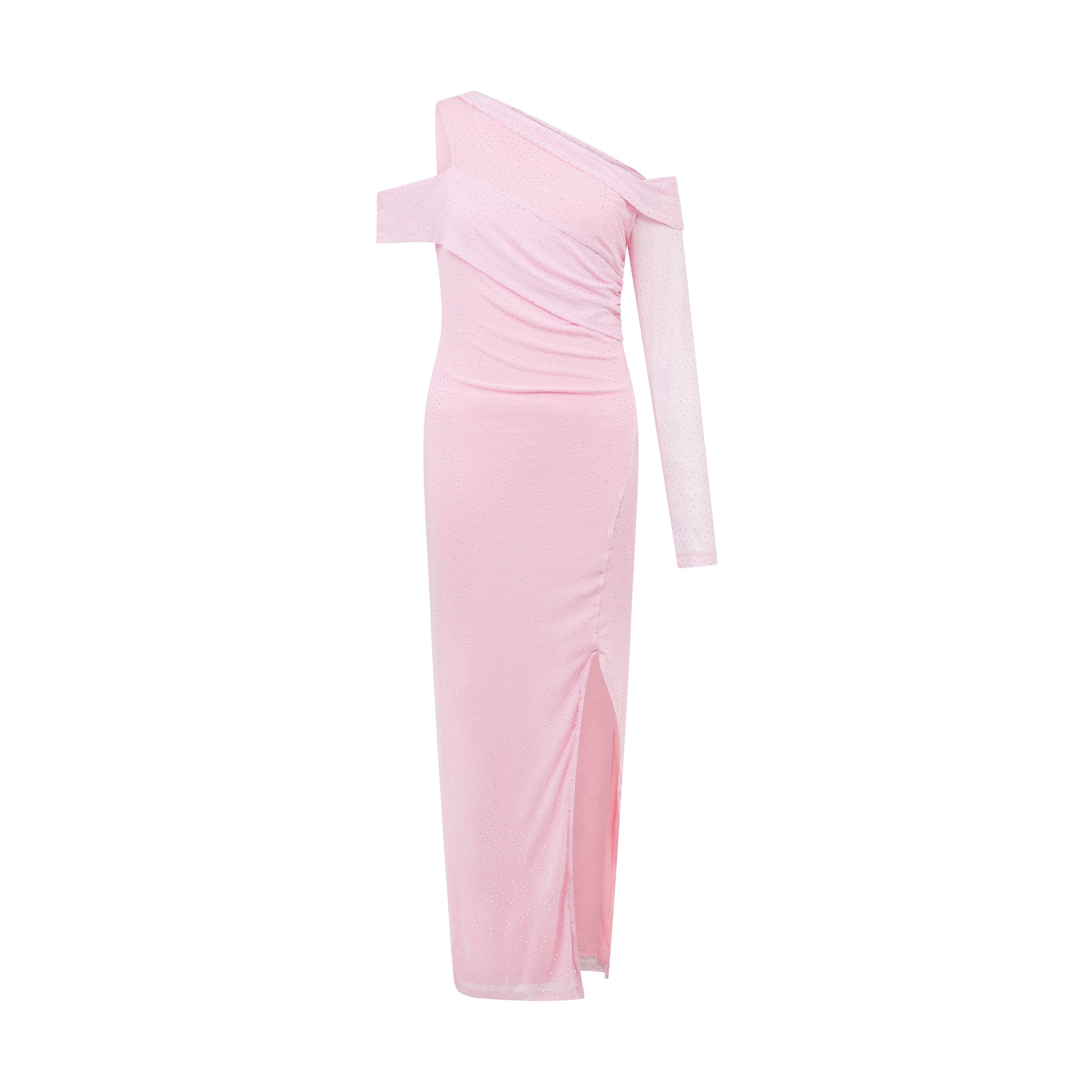 SOUR FIGS blush pink asymmetric evening gown with all-over rhinestone embellishment and thigh-high slit.