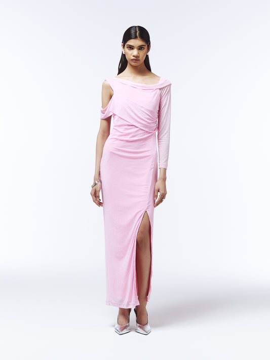 One-shoulder pink jersey gown featuring sparkling rhinestones and draped detailing by SOUR FIGS