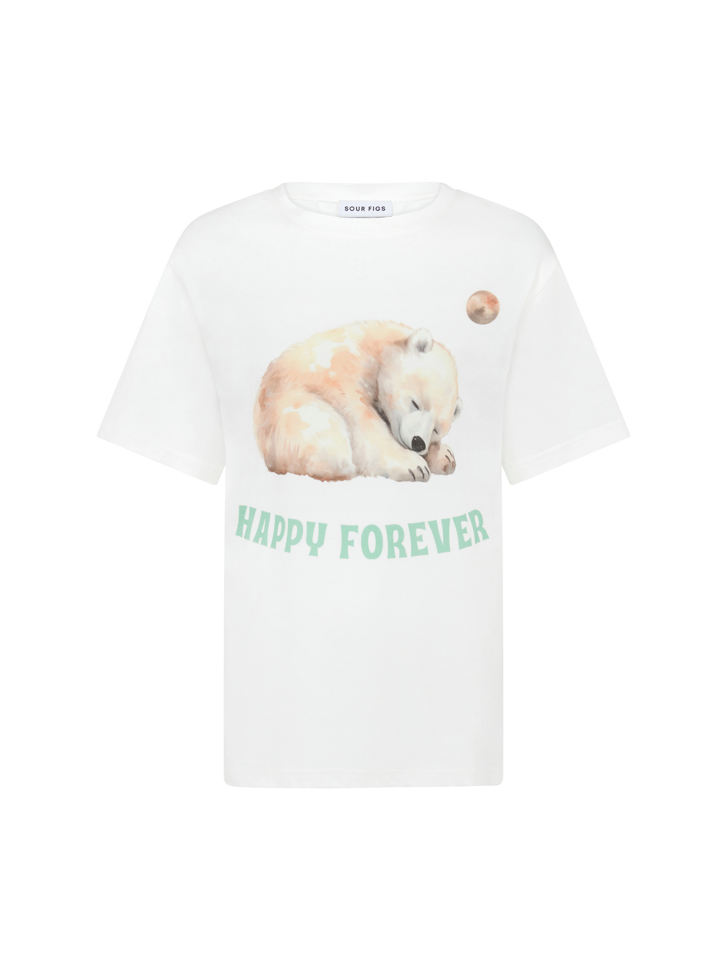 SOUR FIGS white cotton T-shirt with sleeping bear print and 'Happy Forever' slogan.