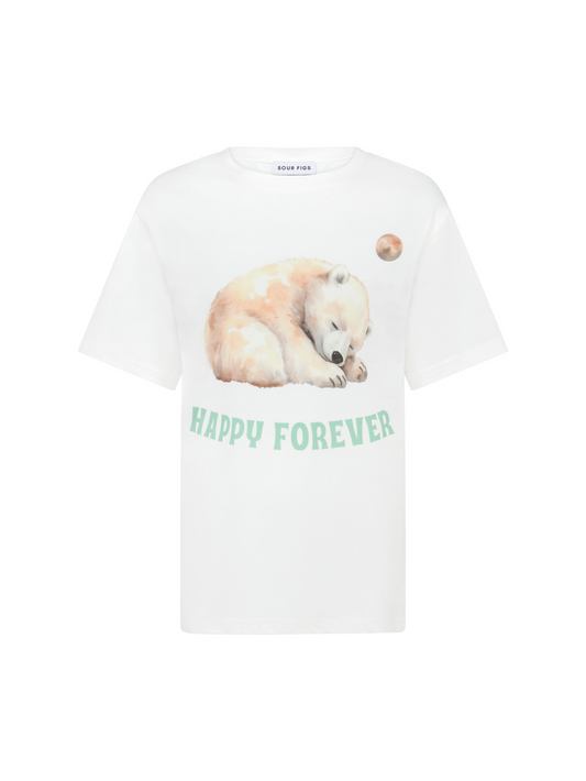 SOUR FIGS white cotton T-shirt with sleeping bear print and 'Happy Forever' slogan.