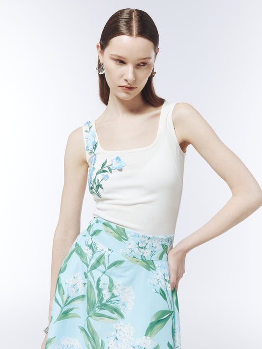 SOUR FIGS embellished ribbed tank top in Ivory White with soft blue floral appliqué.