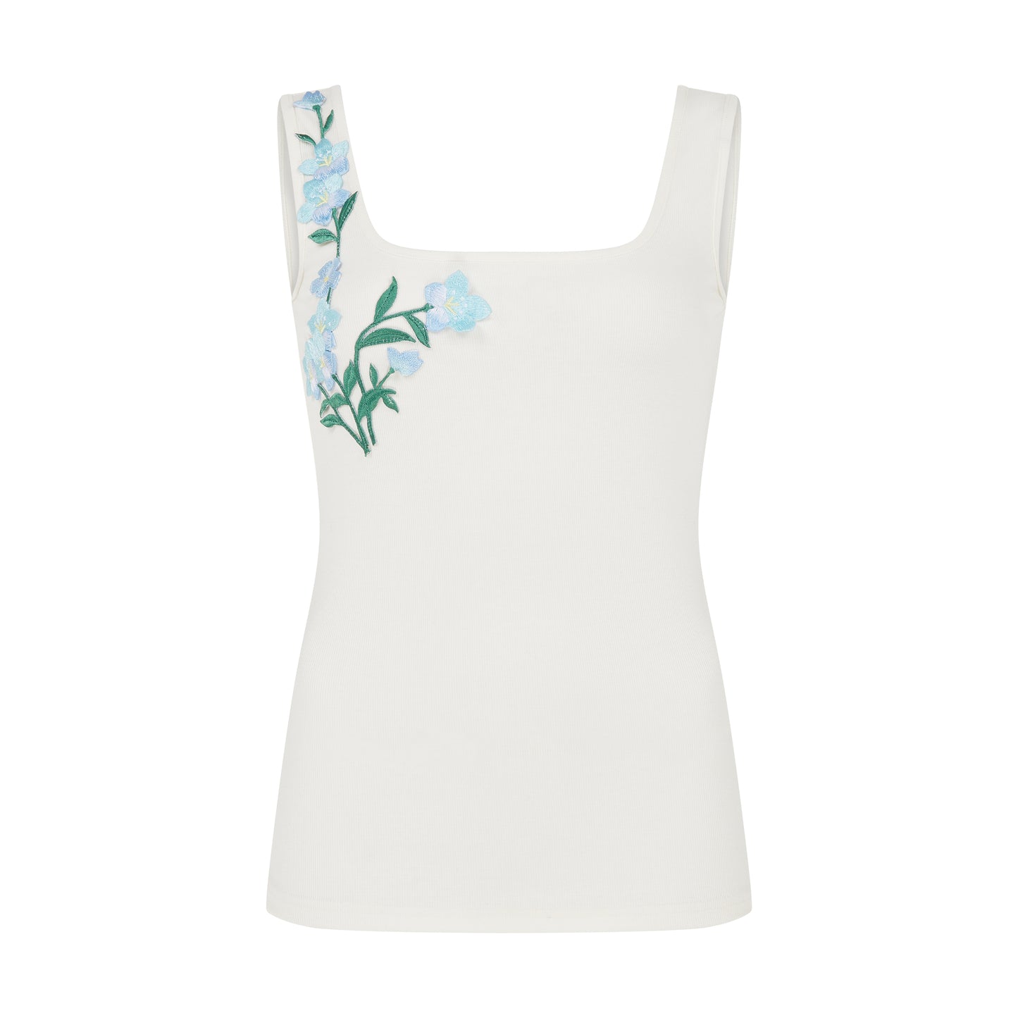 SOUR FIGS Blue Blossom-Appliqué Square-Neck Tank Top in Ivory White with delicate floral appliqué.