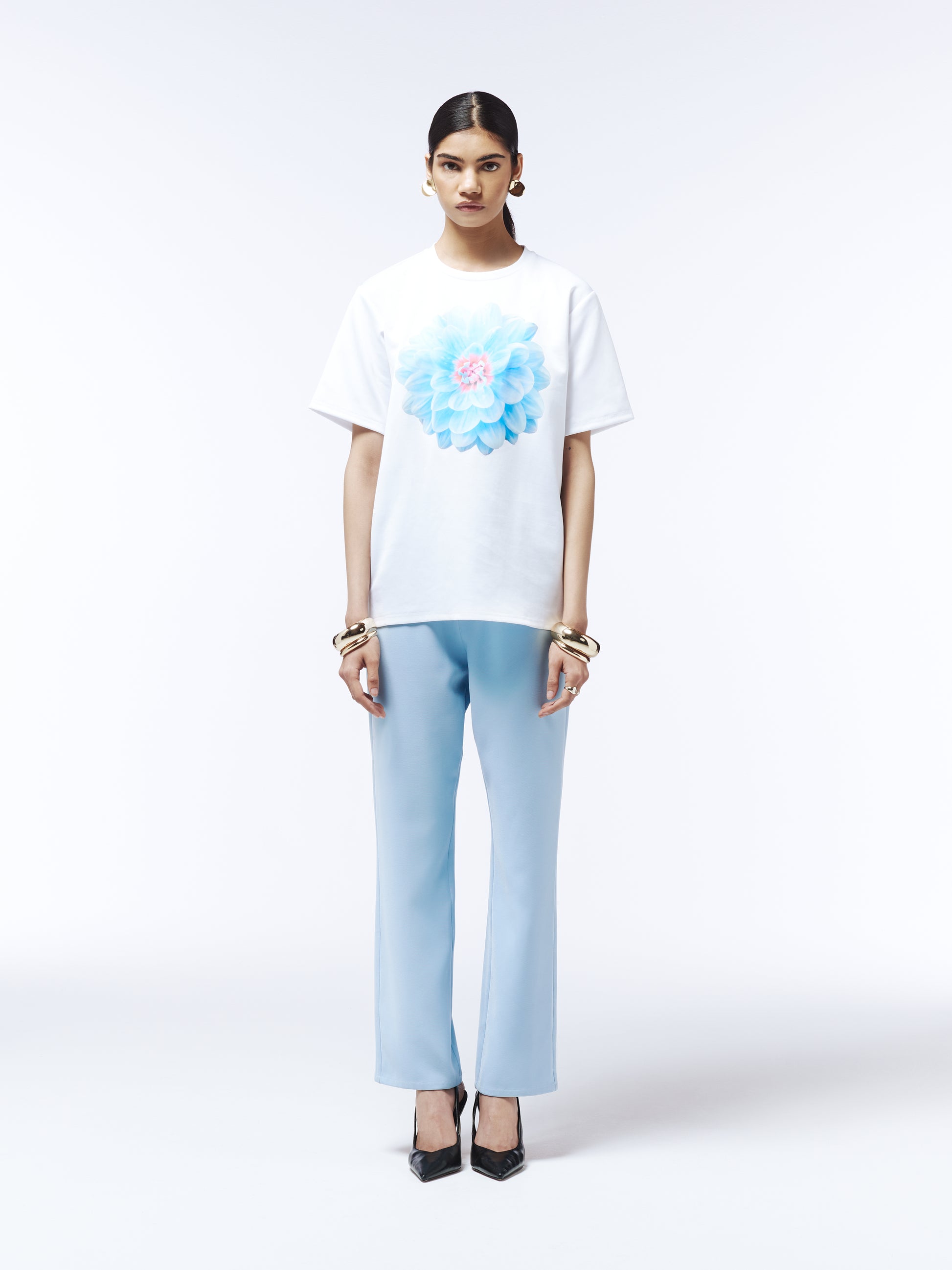 Sour Figs cloud blue T-shirt with illustrated dahlia flower print