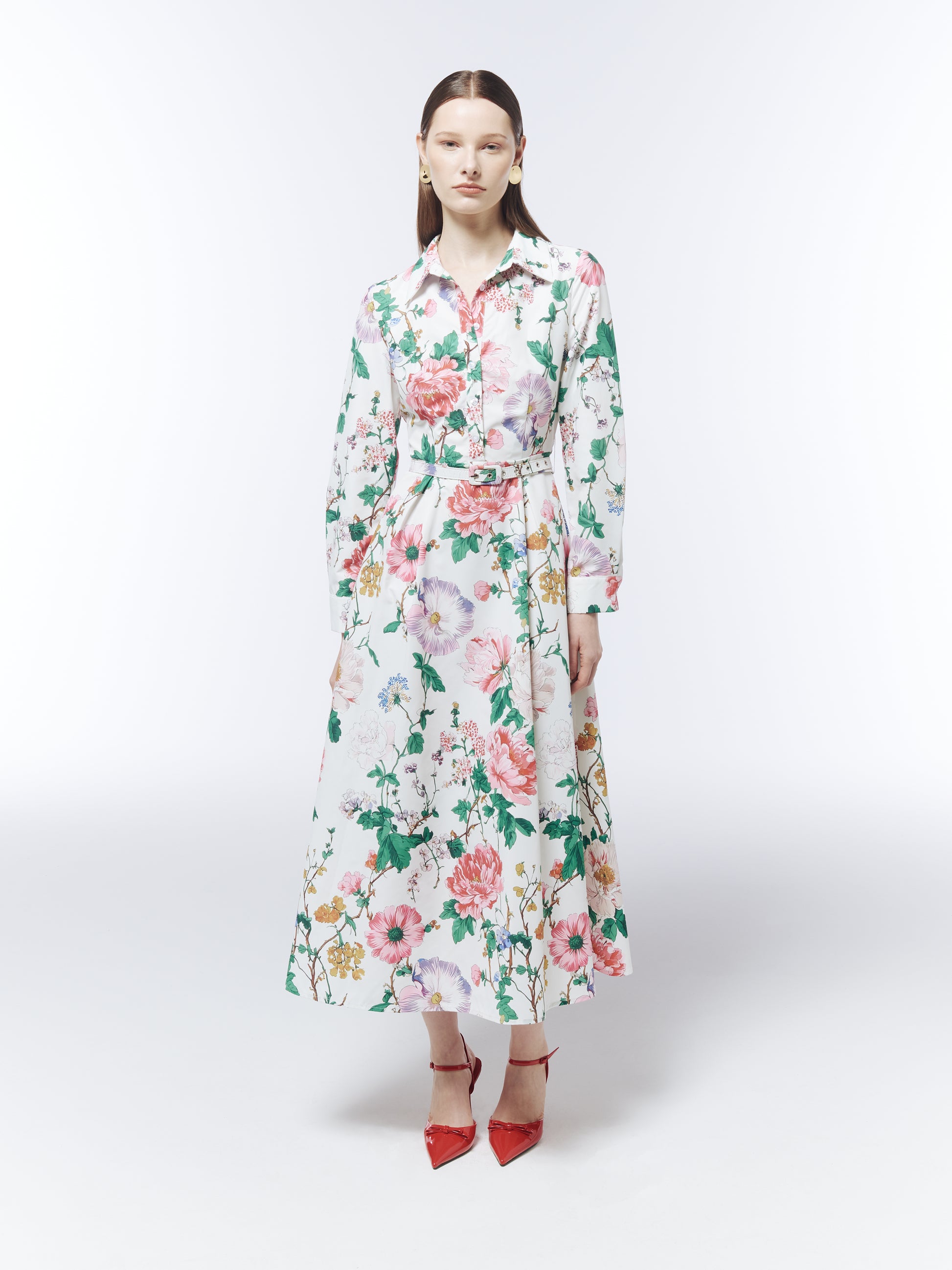SOUR FIGS floral shirt dress in porcelain white with long sleeves, pointed collar and matching waist belt