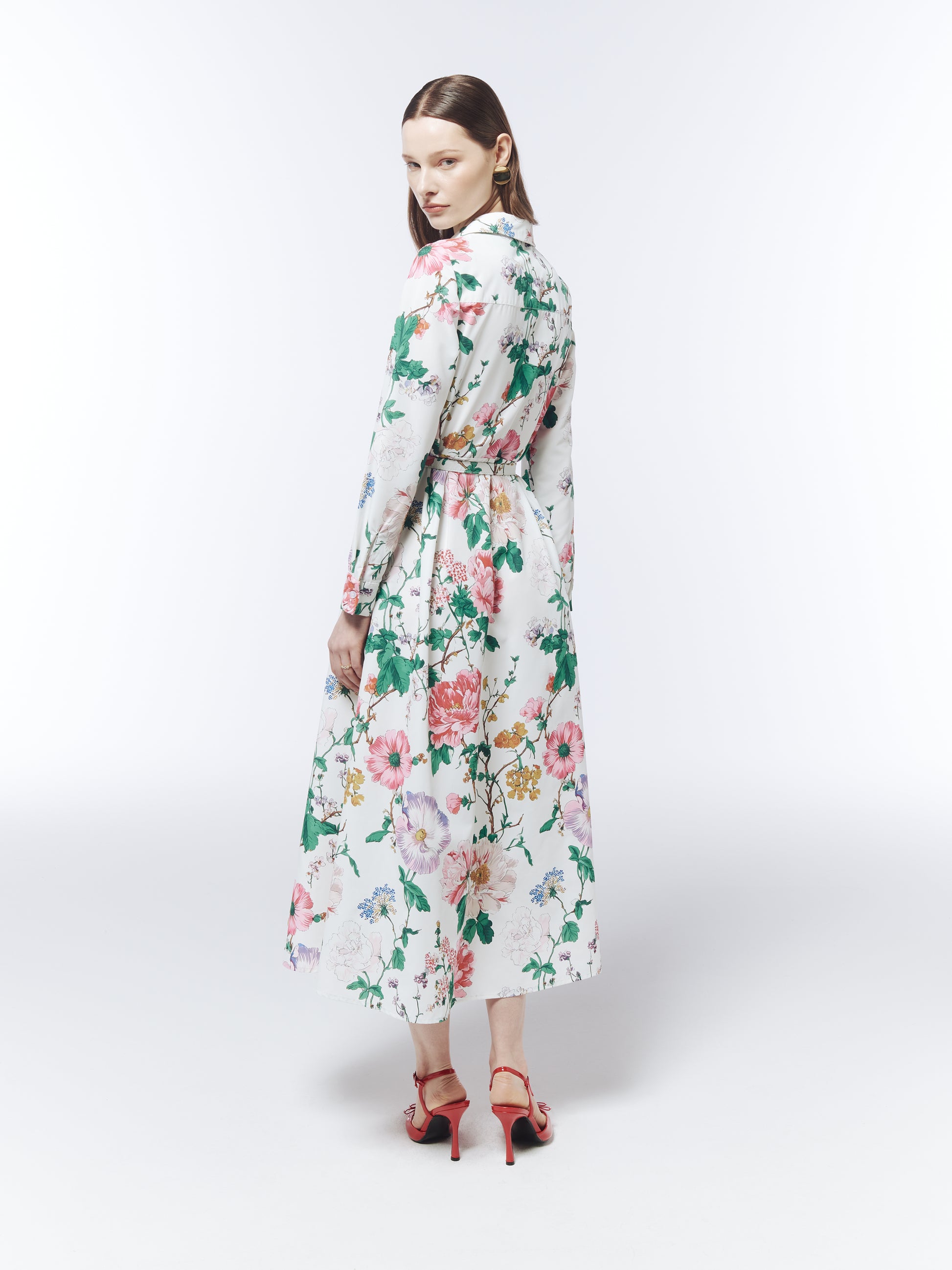 SOUR FIGS elegant long sleeve floral dress with collared neckline and waist-defining belt