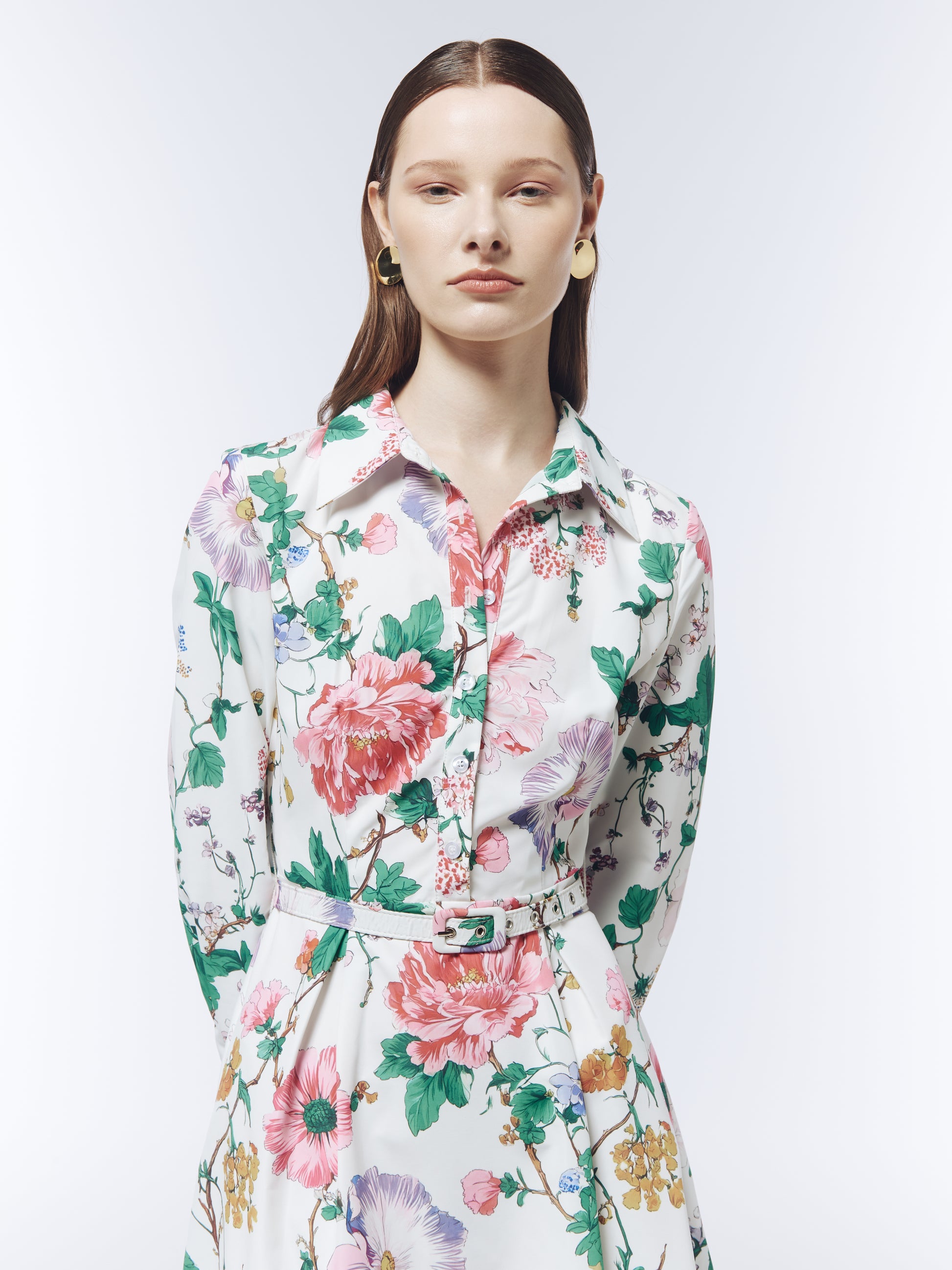 SOUR FIGS belted midi dress with botanical garden print, button front and A-line skirt