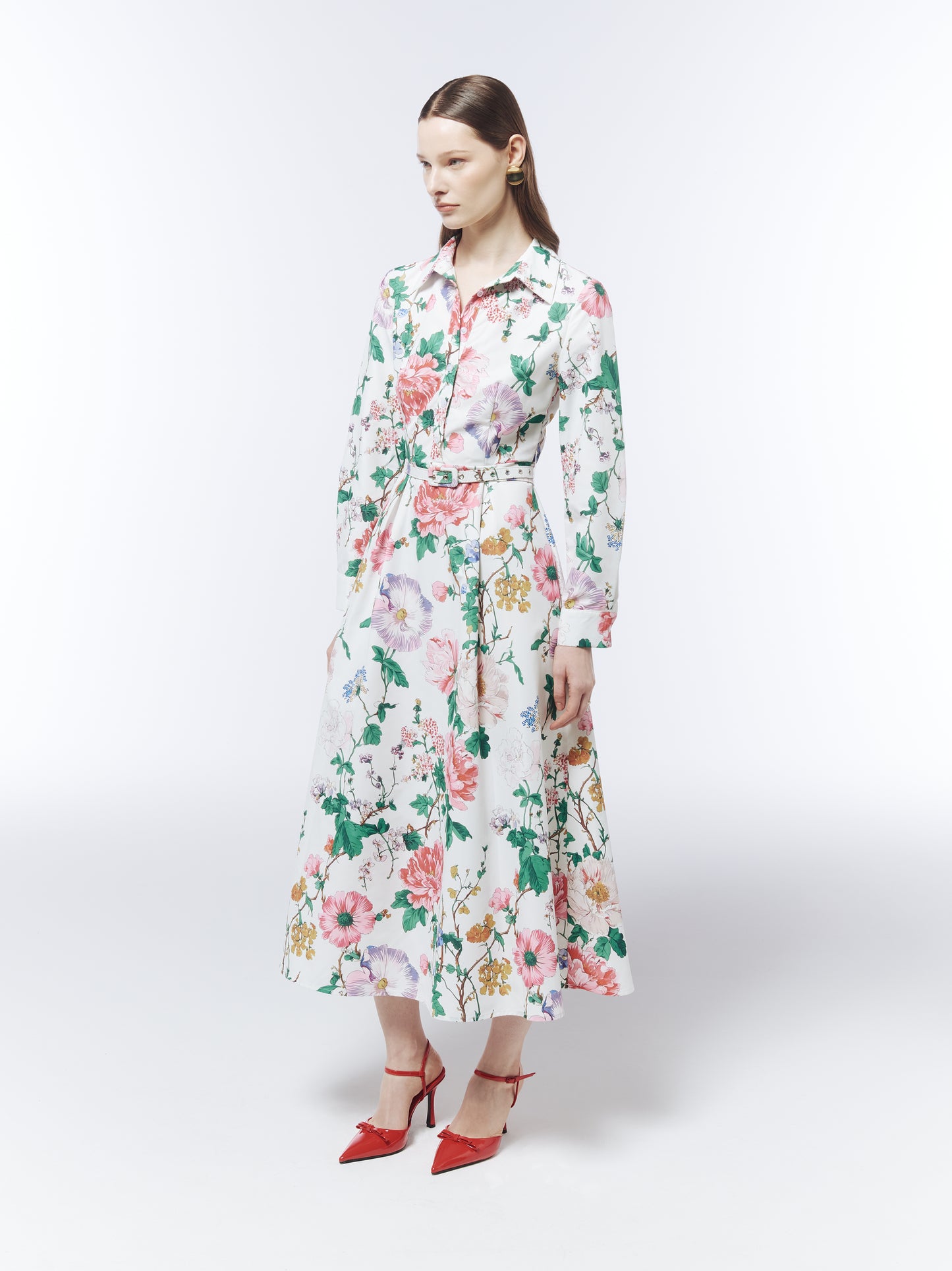 SOUR FIGS porcelain white floral midi shirt dress with pink, lilac, blue and ochre wildflowers